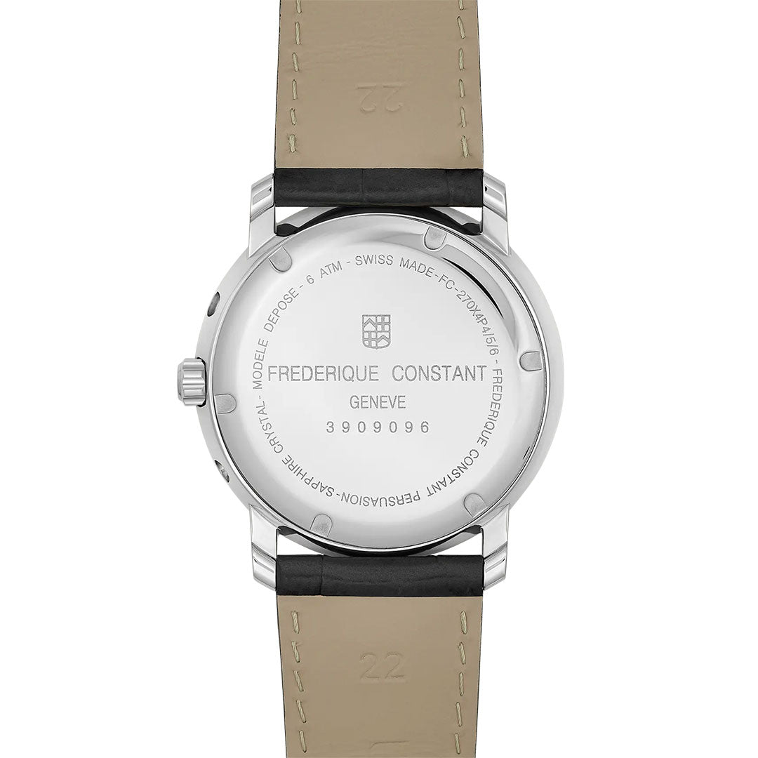 The image showcases the back of a Frederique Constant Classic Index Business Timer Quartz 40mm Watch, epitomizing classic watchmaking. The case back is inscribed with the brand name, "Geneve," model number, water resistance details, and the serial number. It features a beige leather strap with black accents, exuding timeless charm.