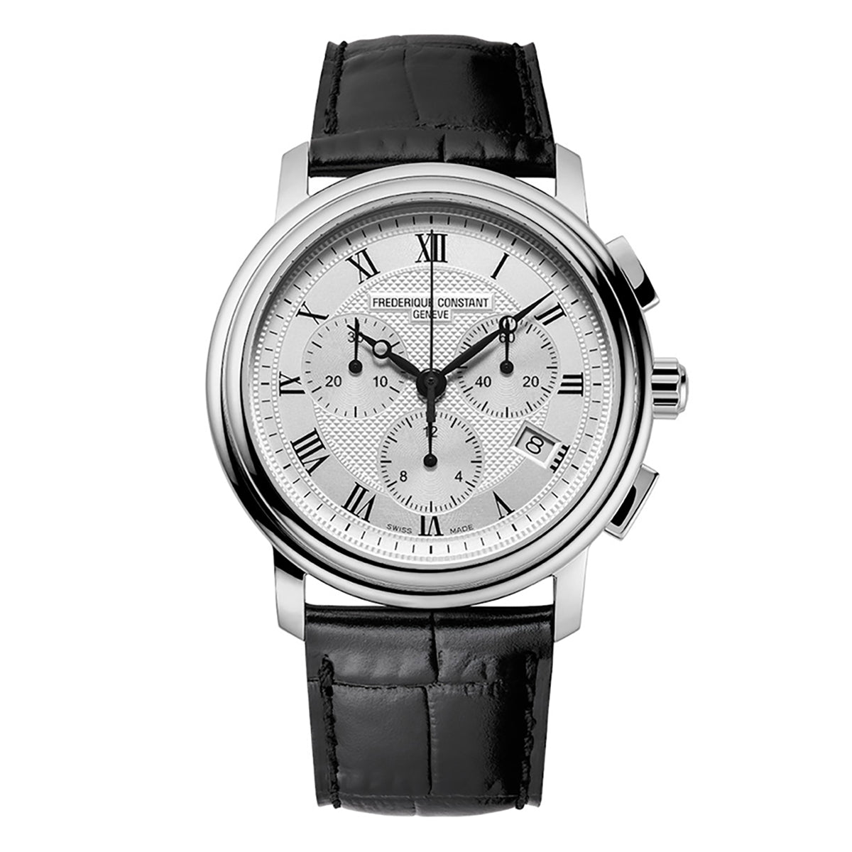 The Frederique Constant Classics Quartz Chronograph 40mm Watch is a luxury timepiece featuring a black leather strap and silver case. It boasts a white face with Roman numerals, three smaller dials, and a date display, with its quartz chronograph movement setting the watch hands at 10:09.
