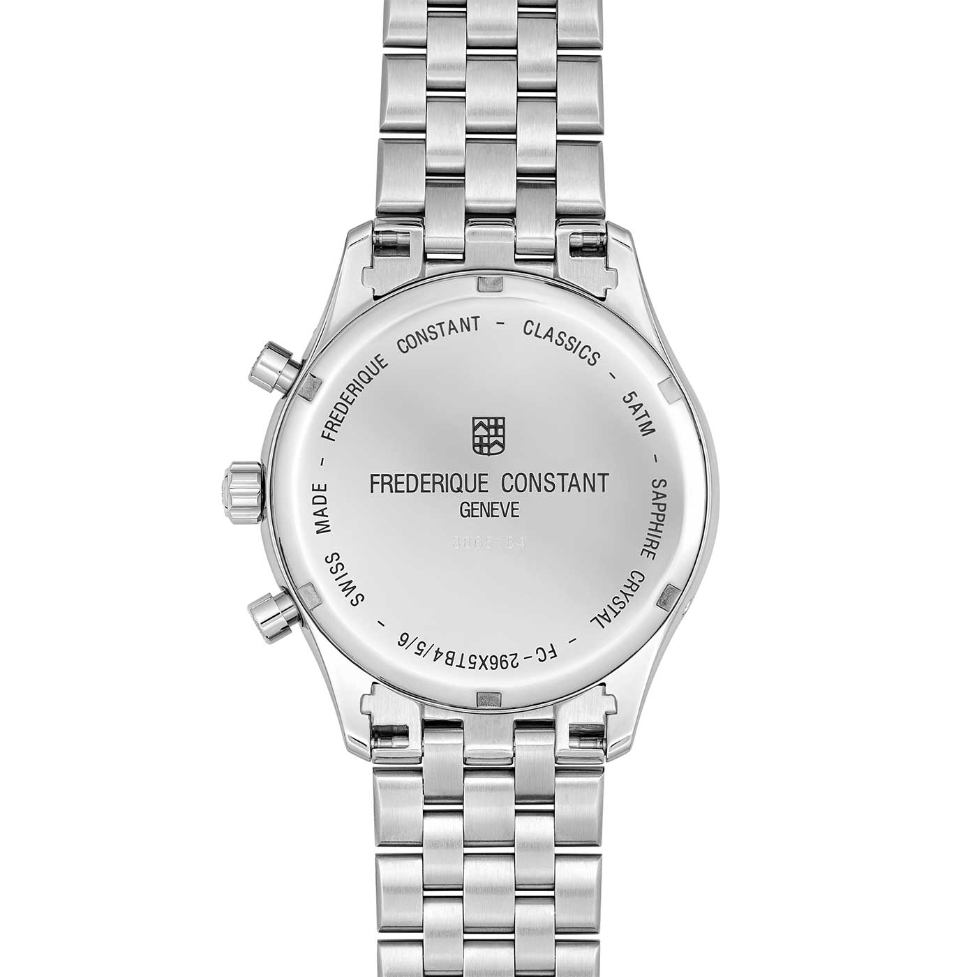 Back view of the Frederique Constant Classics Quartz Chronograph Triple Calendar 40mm Watch, featuring a stainless steel bracelet and branded engravings on the polished back, displaying the company name and product specifications.