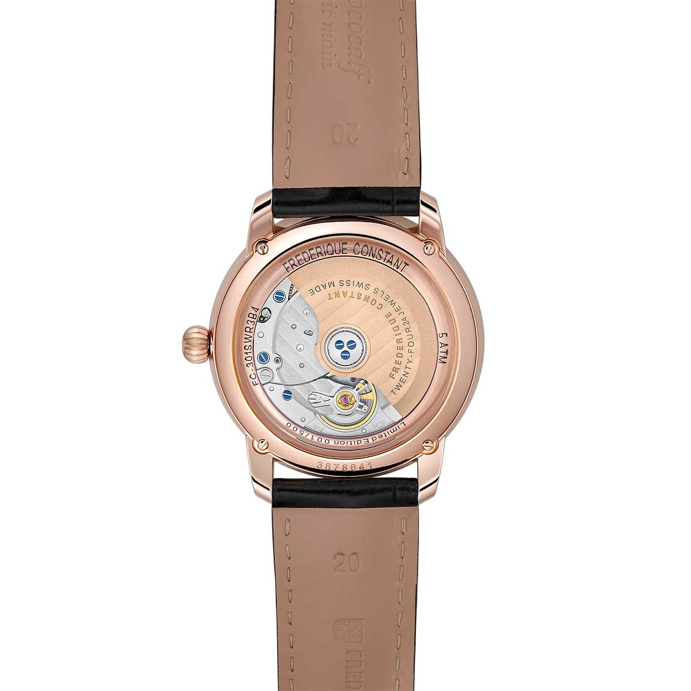 The image showcases the Frederique Constant Classics Premiere Automatic 38.5mm Watch, an exquisite timepiece featuring a transparent case that reveals the intricacy of its mechanical movement. It highlights a black leather strap and is encased in rose gold-tone stainless steel with detailed engravings around the movement components.