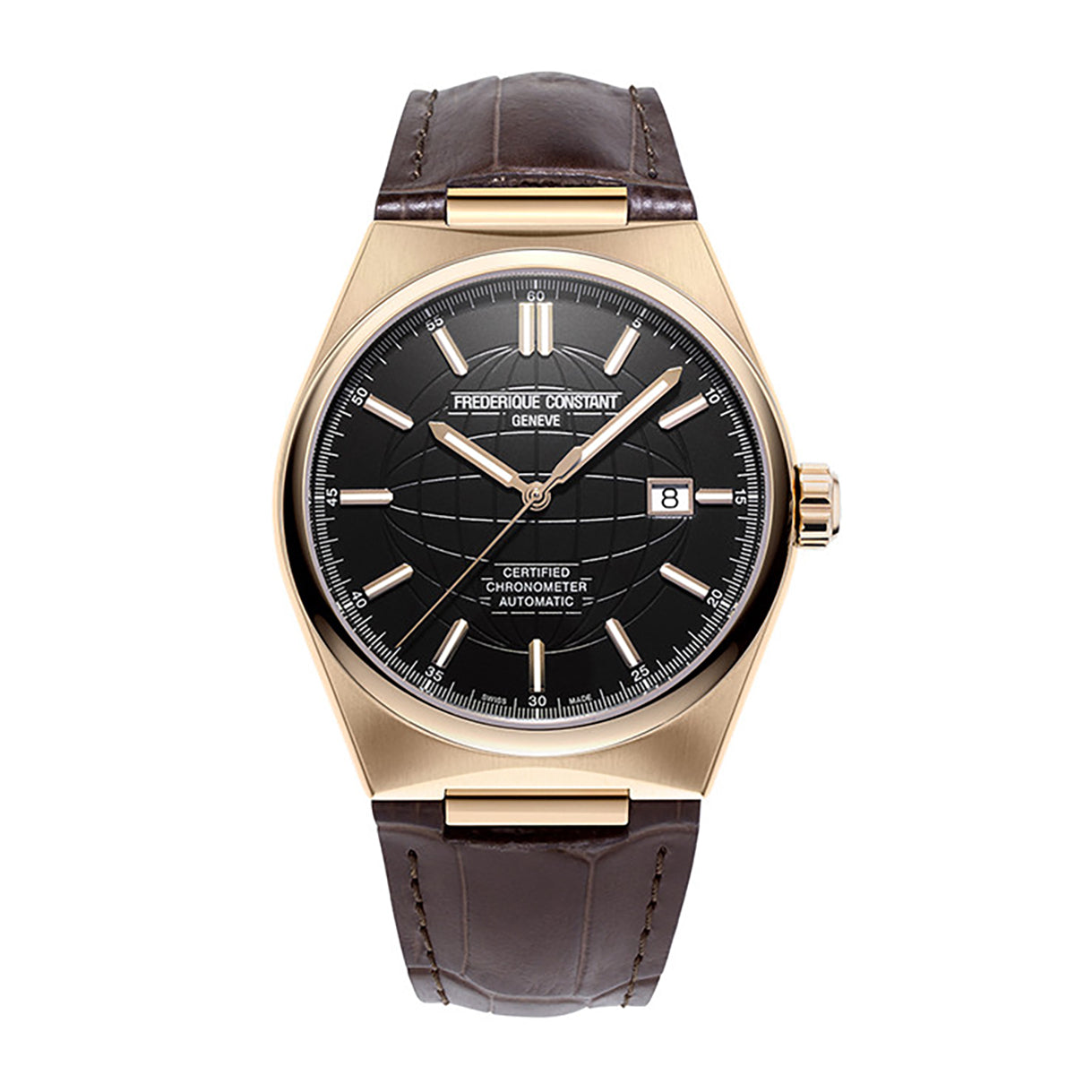 The Frederique Constant Highlife Automatic COSC 41mm watch is a luxurious timepiece featuring a rose gold-plated case and a brown leather strap. Its black dial showcases silver hour markers, the Frederique Constant logo at the top, and a date window at the 3 o'clock position. The center is adorned with an intricate textured pattern, perfectly blending style with precision.