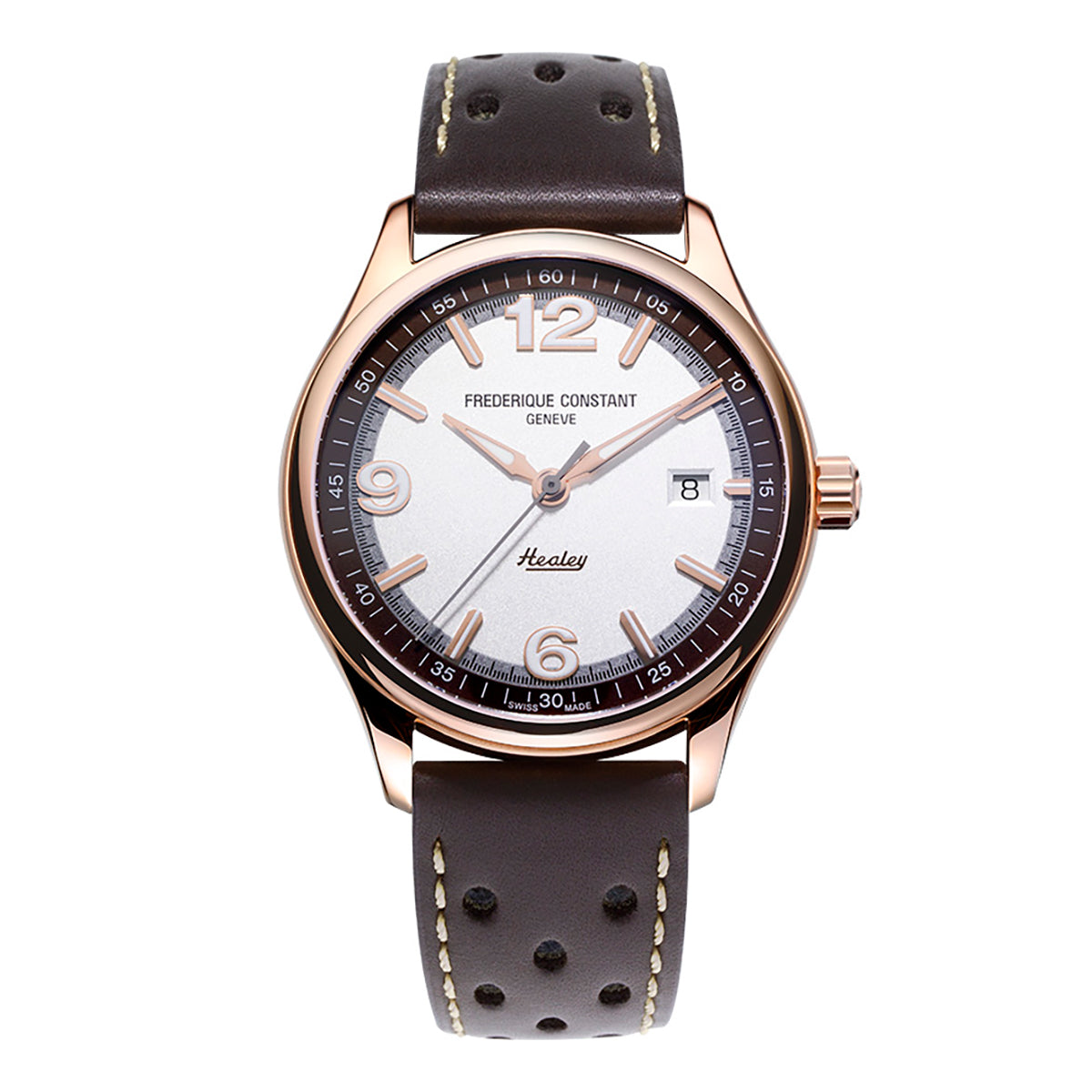 The Frederique Constant Vintage Rally Healey Automatic 40mm Watch features a stylish design with a racing leather strap and rose gold automatic case. Its white dial showcases silver indices, Arabic numerals at 12, 3, 6, and 9, a date display, and "Vintage Rally Healey" branding.