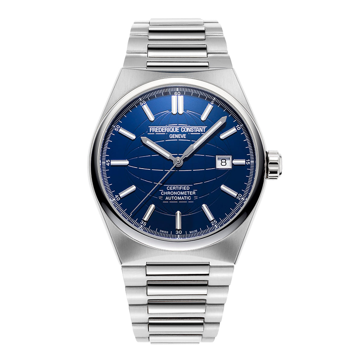 The Frederique Constant Highlife Automatic COSC 41mm Watch features a sophisticated stainless steel design with a blue dial accented by silver hour markers and hands. It includes a date display at the 3 o'clock position and is complemented by a sleek metal link bracelet. The prestigious "Frederique Constant" brand name adorns the dial, highlighting its esteemed craftsmanship.