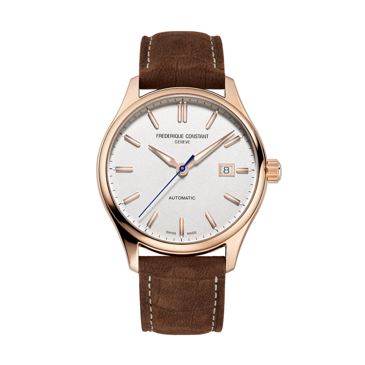 The Frederique Constant Classics Index Automatic 40mm Watch is a luxury timepiece featuring a brown leather strap and a rose-gold plated steel case. It includes a silver dial with gold indices and hands, alongside a distinctive blue second hand and a date window at the 3 o'clock position. The watch is marked with "Frederique Constant Geneve" and powered by the Classic Index Automatic FC-303 caliber.
