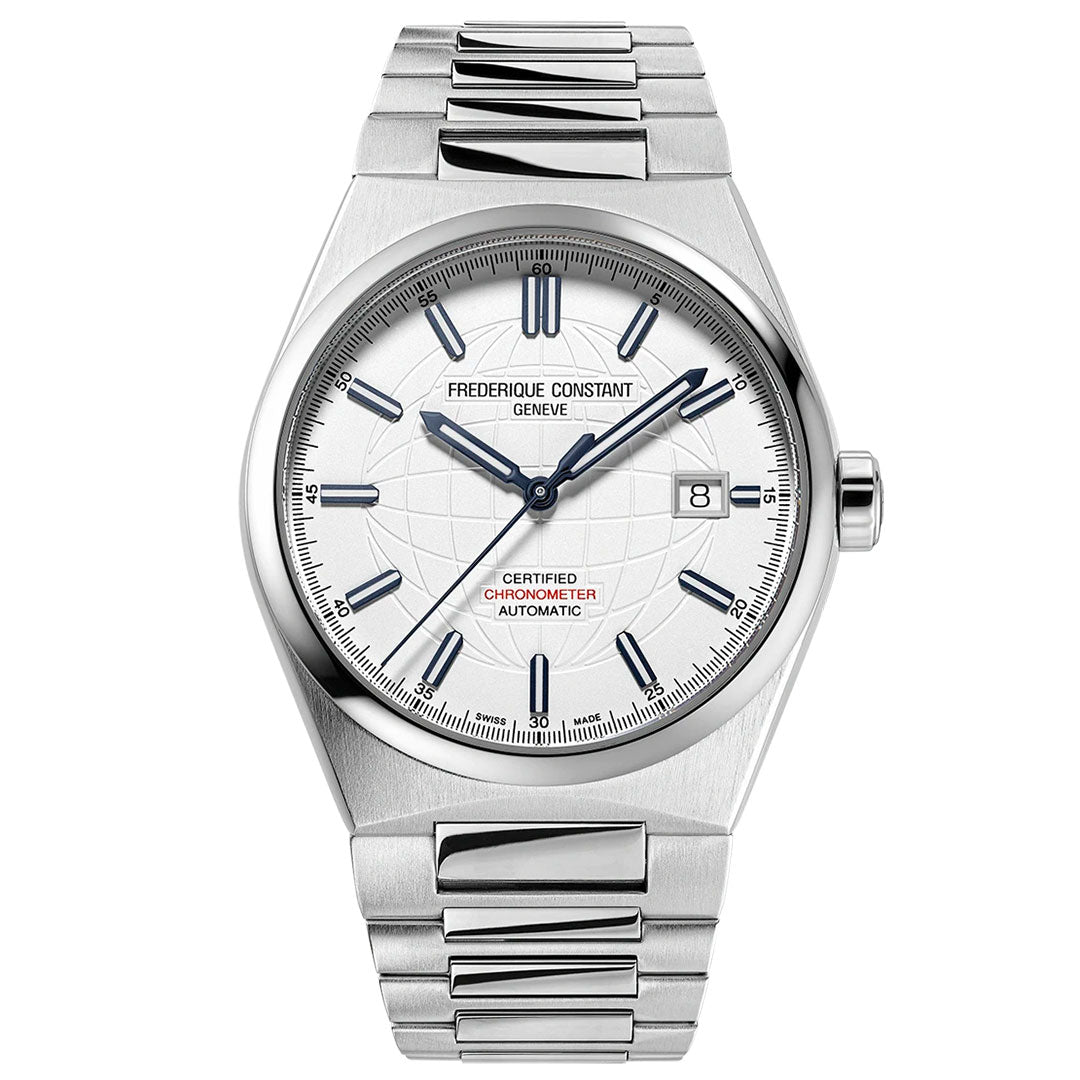 Here is a description using the given product data:
The Frederique Constant Highlife Automatic COSC 39mm Watch features a sleek silver design with a metal bracelet, complemented by a white dial showcasing black hour markers and hands. Displaying the "Frederique Constant" brand name, this certified chronometer is crafted for everyday use. It includes a convenient date window and exemplifies the superior quality of Automatic COSC timepieces.