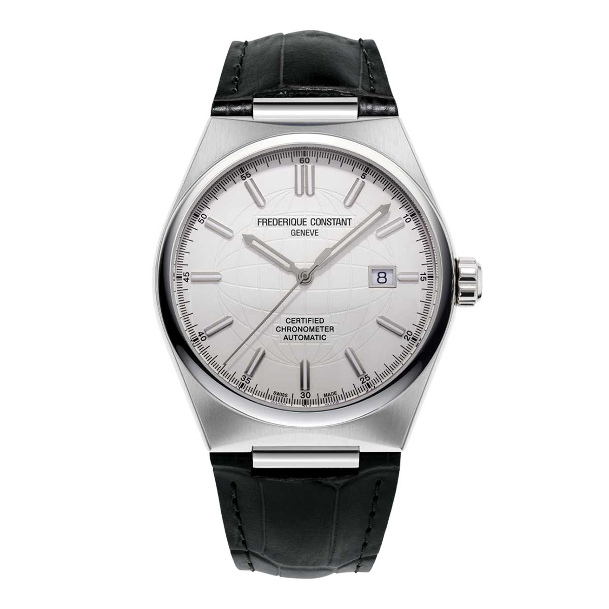 The Frederique Constant Highlife Automatic COSC 41mm Watch showcases Swiss precision with a white dial, a black leather strap, and a date display at the 3 o'clock position. The face is inscribed with "Frederique Constant Geneve" and exemplifies Certified Chronometer excellence with its COSC-certified automatic movement.