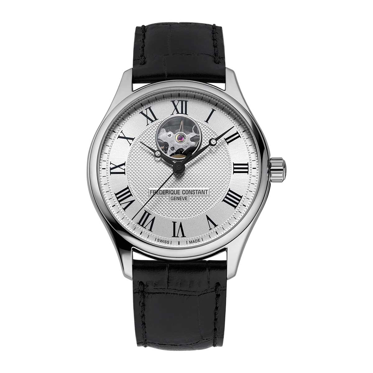 Presenting the Frederique Constant Highlife Heart Beat Automatic 40mm Watch, a luxury timepiece featuring a silver guilloche-style dial adorned with Roman numerals. It boasts a Heart Beat automatic movement visible at the 12 o'clock position, accompanied by a refined black leather strap and complemented by a polished stainless steel case.