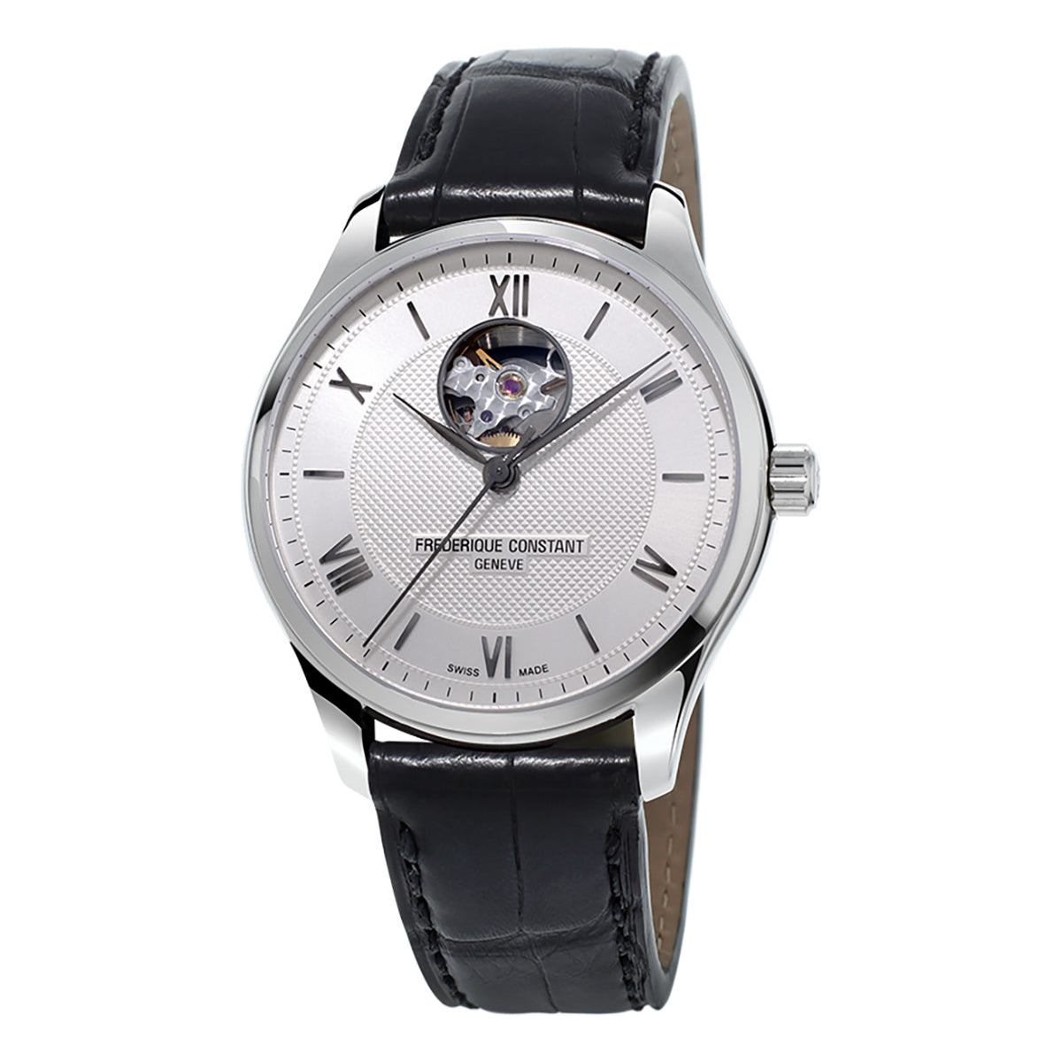 The Frederique Constant Classics Automatic 40mm Watch showcases a silver dial with Roman numerals and a visible movement window to reveal its automatic mechanism. This elegant timepiece is complemented by a sleek black leather strap and encased in refined stainless steel.