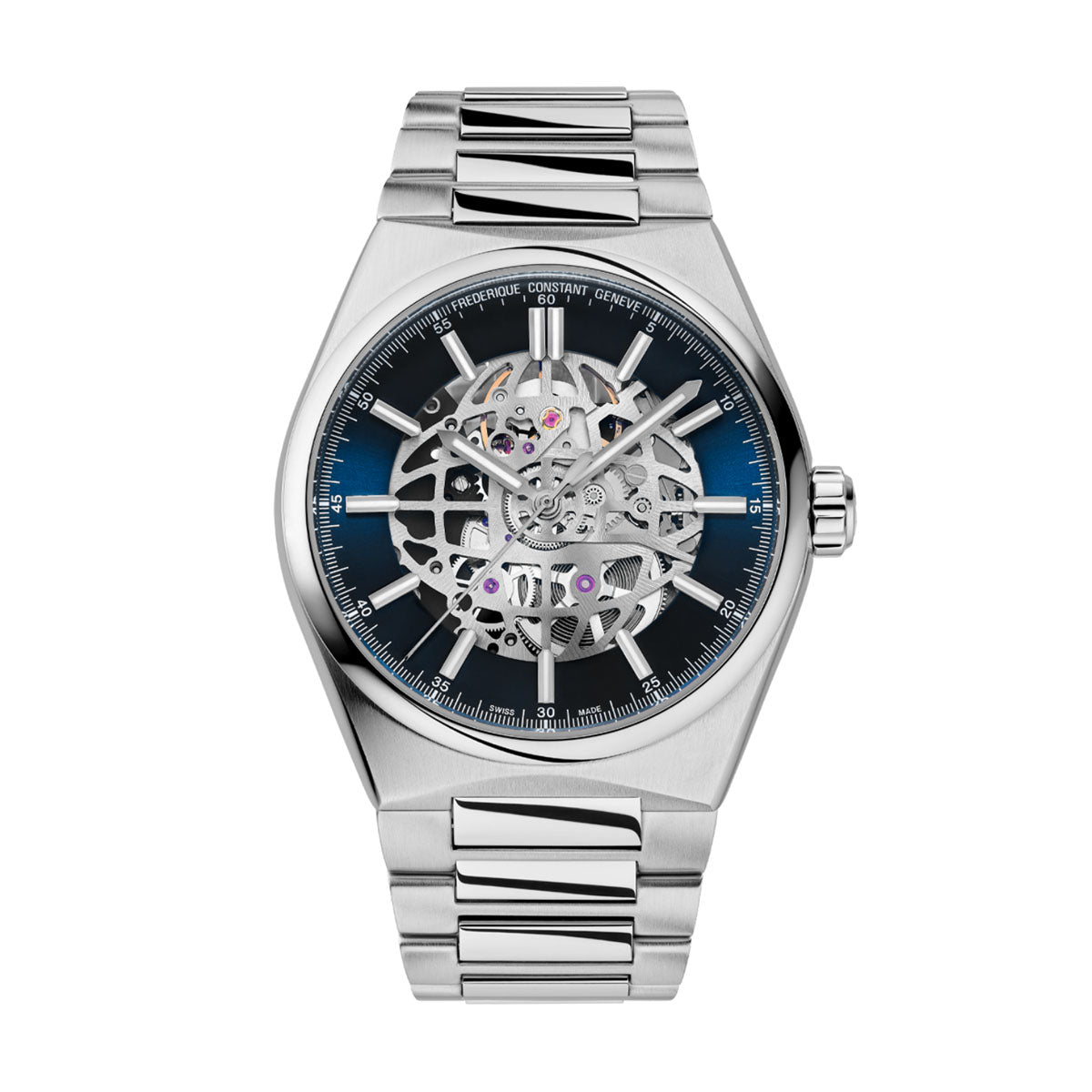 Introducing the Frederique Constant Highlife Automatic 41mm Watch, a luxury wristwatch with a silver metal band and an openwork design dial that reveals its intricate inner mechanisms. The watch face elegantly combines silver and blue tones, adorned with marked indices and luminous hands, all powered by Swiss Made movement.
