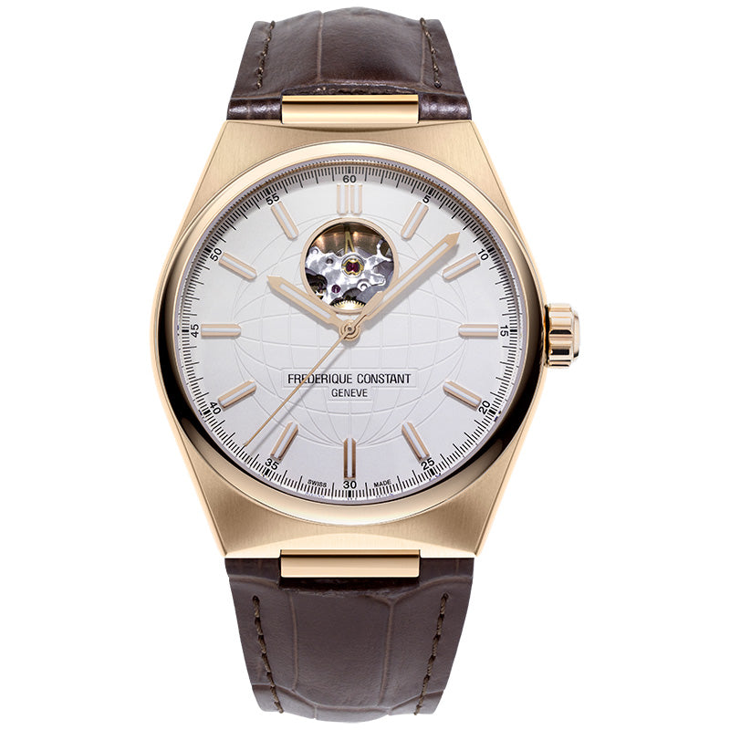 The Frederique Constant Highlife Automatic 41mm Watch exudes timeless elegance with its gold-tone design and unique case shape. Its round white dial, featuring an open-heart display that reveals the inner workings, is complemented by silver hour markers and hands. The watch is completed with a brown leather strap.