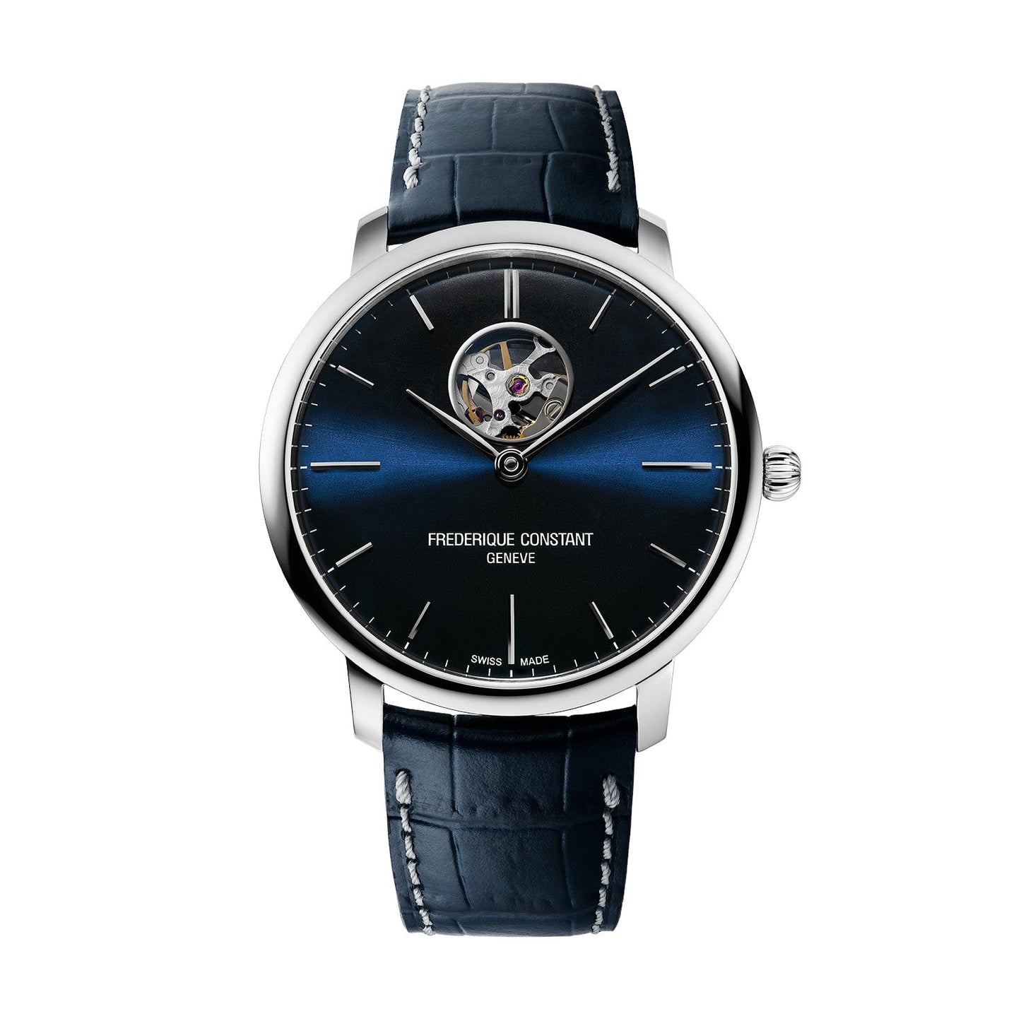 Introducing the Frederique Constant Slimline Heart Beat Automatic 40mm Watch, a luxury timepiece that features a captivating dark blue gradient dial and an open heart design at 12 o'clock. It elegantly displays silver markings and hands, set within a stainless steel case. The watch is completed with a textured black leather strap accented by white stitching, exemplifying Frederique Constant’s commitment to quality and style.
