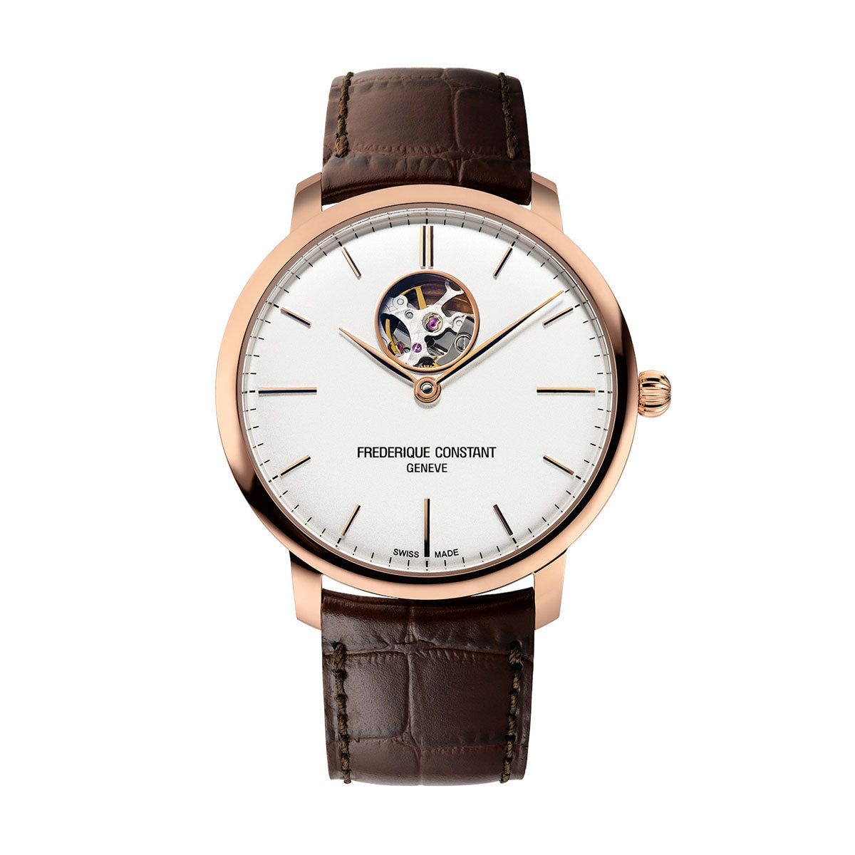 The Frederique Constant Slimline Heart Beat Automatic 40mm Watch showcases a luxurious rose gold plated case and a silver dial with visible internal mechanics, sleek black markers, and slender hands. It is complemented by a brown leather strap and features the "Frederique Constant Geneve" and "Swiss Made" text on the watch face.
