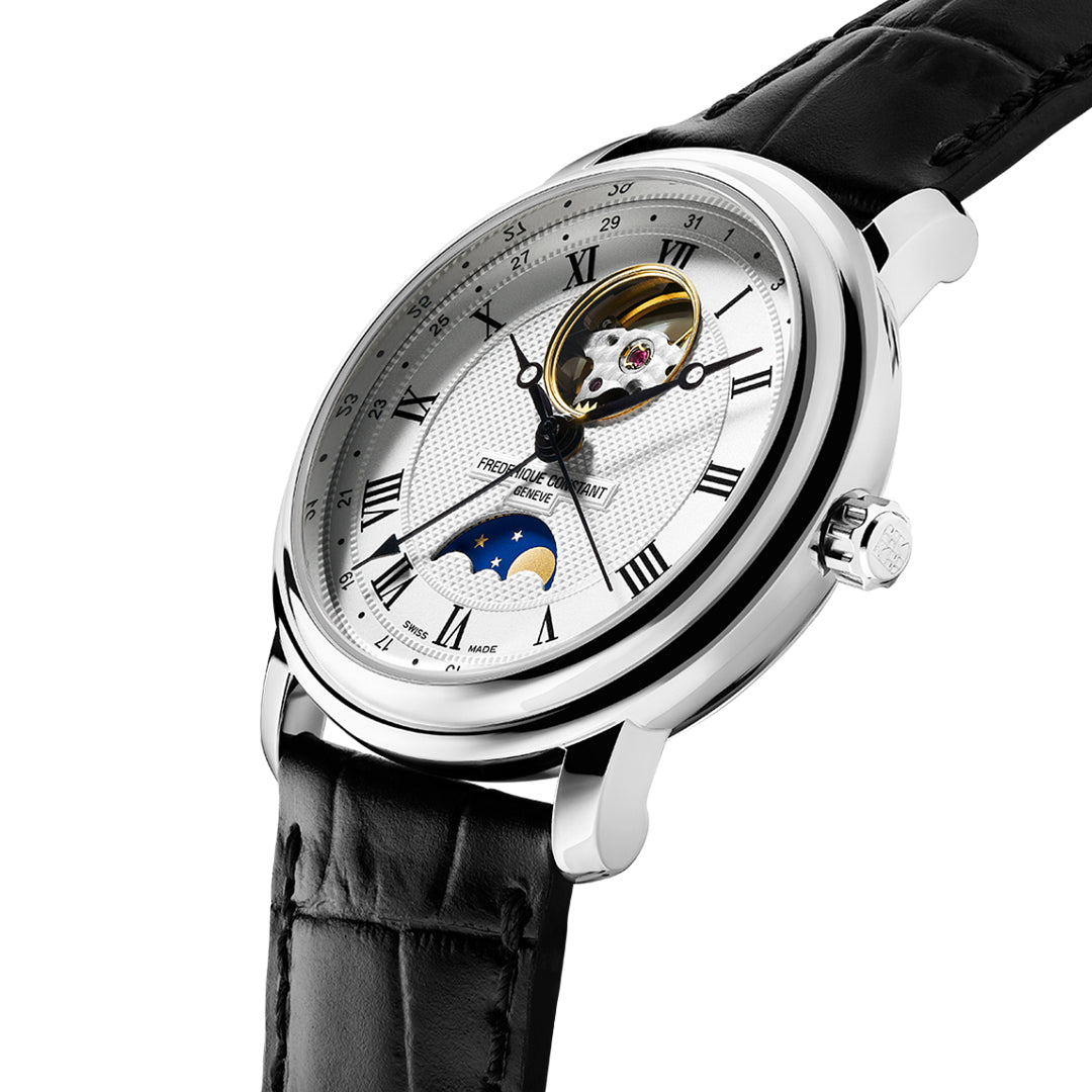 The Frederique Constant Classics Heart Beat Moonphase Date Automatic 40mm Watch features a stainless steel case, silver dial with Roman numerals, open heart beat, moonphase display, and black leather strap.