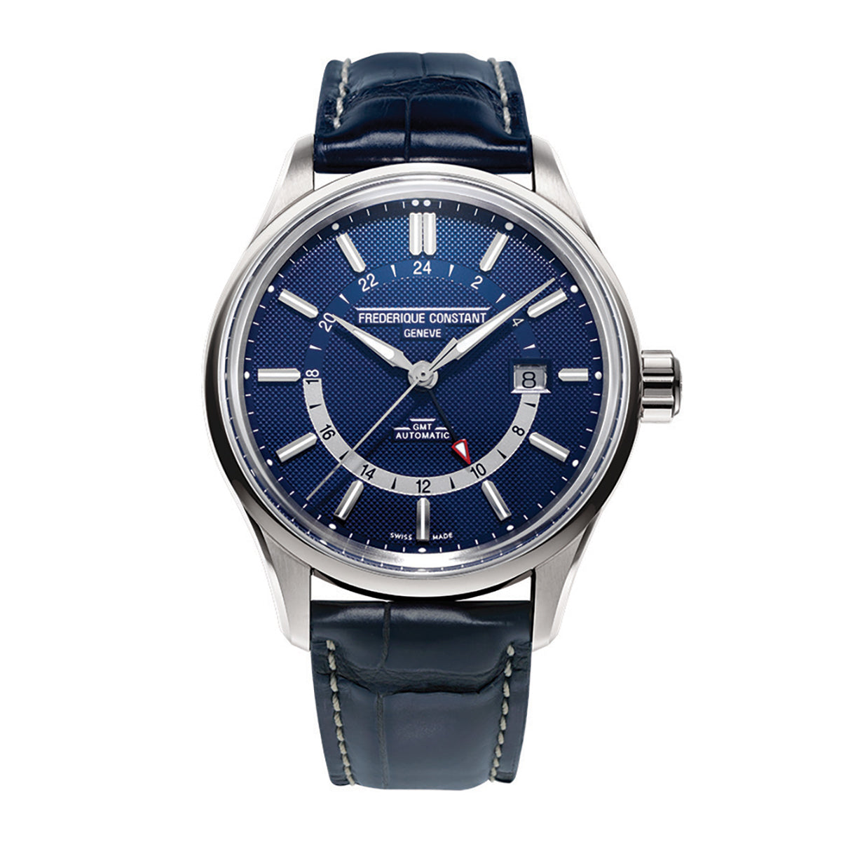 The Frederique Constant Yacht Timer GMT Automatic 42mm Watch is an ideal choice for the boating enthusiast, featuring a silver-framed design with a blue leather strap and a textured blue face. It includes silver hour markers, a date display, and a second hand. The watch elegantly showcases the "FREDERIQUE CONSTANT GENEVE" brand name paired with a sophisticated 24h GMT function.