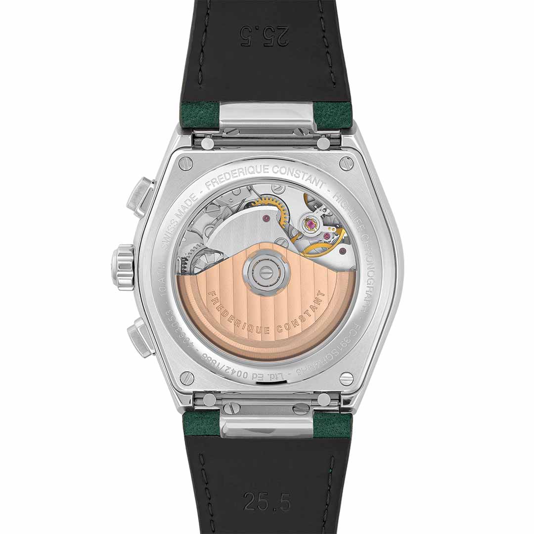 The image showcases the back of the Frederique Constant Highlife Automatic 41mm Watch Limited Edition, featuring a transparent case back that reveals the intricate FC-391 movement. Encased in a sleek silver frame with black leather straps, this limited edition timepiece displays elegant text and engravings around its edge.