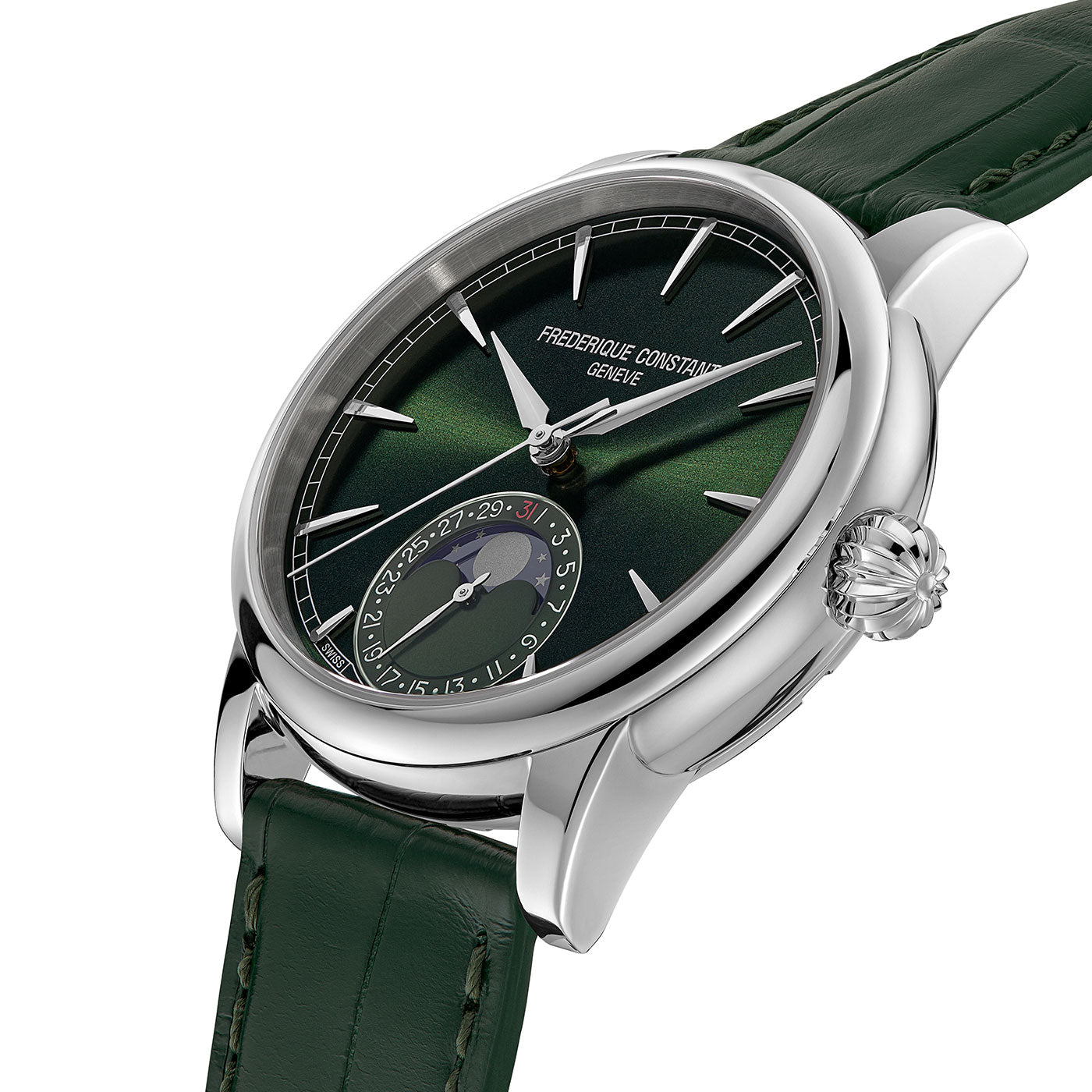 The Frederique Constant Manufacture Classic Moonphase Date Automatic 40mm Watch is a luxurious timepiece featuring a green dial with matching leather strap, silver hour markers, and a moon phase indicator. This watch embodies minimalist design elements with its sleek silver metal case housing a 72-hour power reserve. The brand name "Frederique Constant" elegantly adorns the watch face.