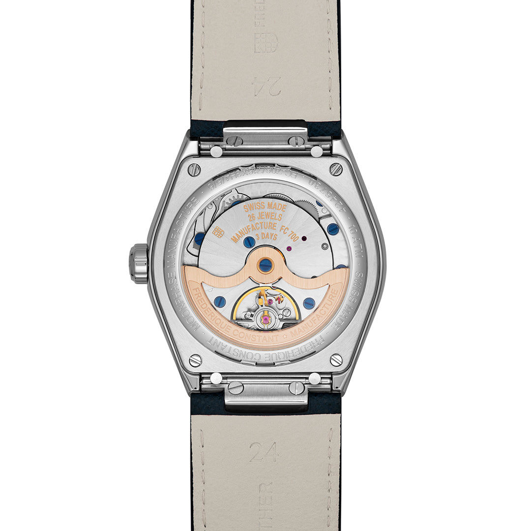 Back view of the Frederique Constant Highlife Moonphase Date Manufacture Automatic 41mm Watch, featuring a transparent case back that reveals the mechanical FC-716 automatic calibre and an integrated leather strap.