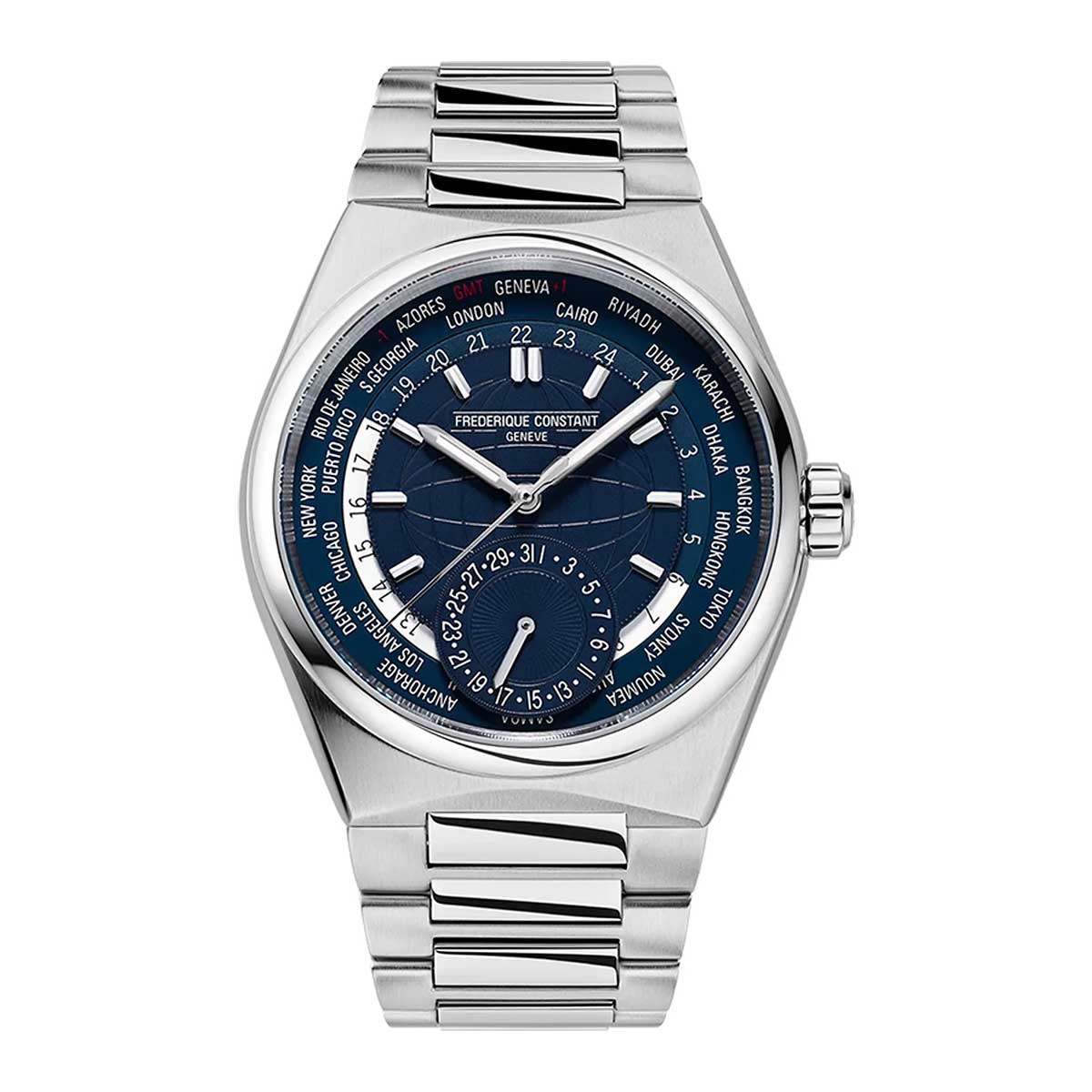 The Frederique Constant Highlife Worldtimer Manufacture Automatic 41mm Watch by Frederique Constant is a silver wristwatch featuring a blue dial that displays multiple cities for world time zones. It also includes luminous hands and indexes, a date sub-dial, and comes with a stainless steel bracelet.