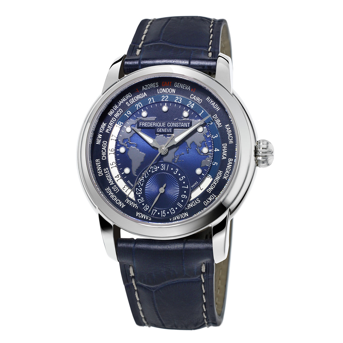 The Frederique Constant Highlife Worldtimer Manufacture Automatic 42mm Watch is a luxurious timepiece perfect for global travelers, featuring a blue leather strap and a Worldtimer Manufacture dial. The face displays various city names around the bezel for multiple time zones, set against a blue background with a day-night indicator.