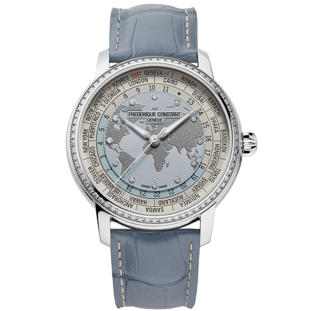 The Frederique Constant Manufacture Classic Worldtimer Automatic 40mm is a luxury limited edition watch with a silver case, light blue leather strap, world map dial, city names for time zones, and 72-hour power reserve.