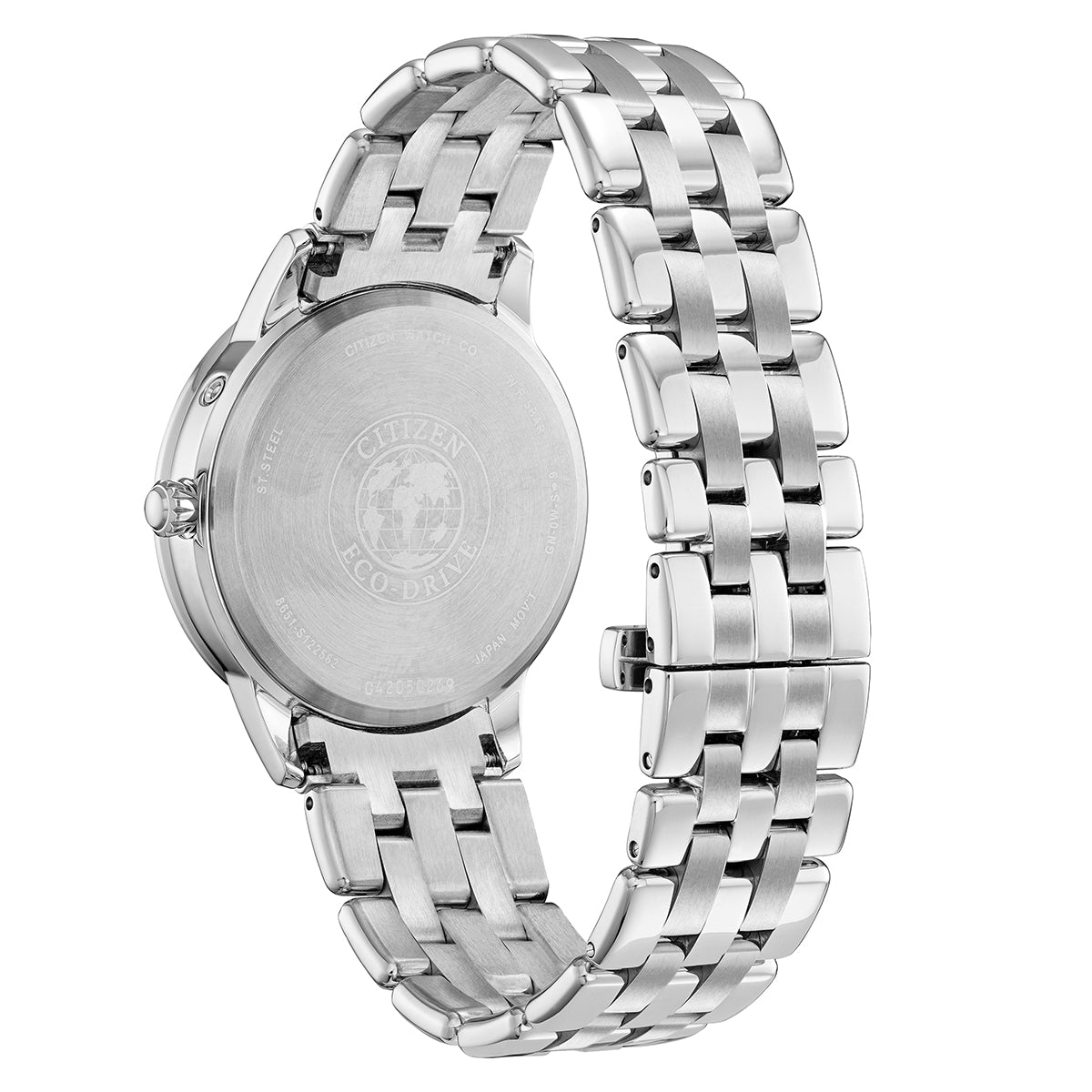 The CITIZEN Calendrier Eco-Drive 37mm Watch, featuring a stainless steel link bracelet in silver, is viewed from the back displaying the case and engraved logo. The clasp and watch crown are visible, emphasizing its polished and sleek design.