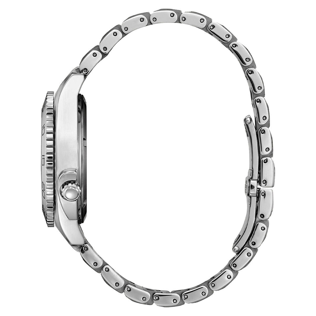 View from the side of a CITIZEN Carson Eco-Drive 35mm Watch featuring a silver metal design with a round face and a linked bracelet. The watch showcases a visible crown and is secured with a fold-over clasp.