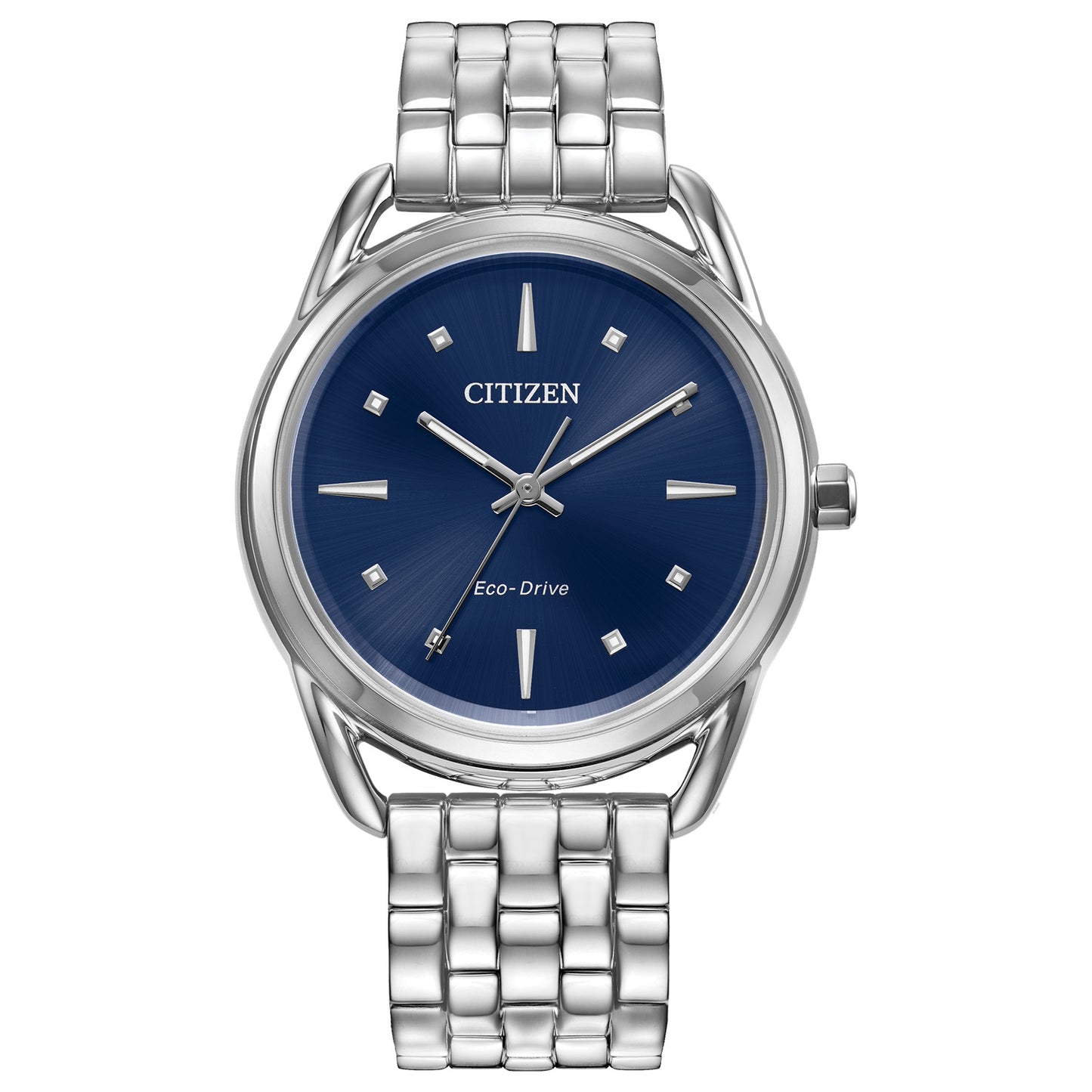 The CITIZEN Dress Classics Eco-Drive 36mm Watch for ladies features Eco-Drive technology and includes a stainless steel bracelet. Its round blue dial is complemented by silver hour markers and hands, with the "CITIZEN" brand name and "Eco-Drive" elegantly displayed on the watch face.