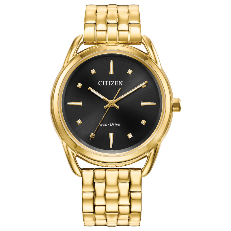 The CITIZEN Dress Classic Eco-Drive 36mm Watch features a sleek black dial accented by gold markers and hands. Its band boasts a chic linked design, ideal for ladies seeking both elegance and functionality in dress watches, enhanced by its gold-tone bracelet.