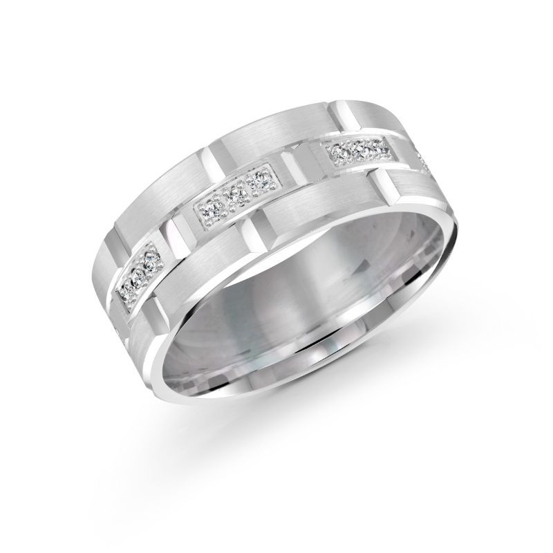 Crafted with a modern flair, the Malo Satin Finish 14K White Gold Round Brilliant Diamond Wedding Band boasts a chic design. This elegant band, made from sleek white gold, features polished and matte textures that enhance its stylish appearance. It is completed with small sparkling diamonds by Malo, perfectly capturing the essence of refined sophistication in a wedding band.