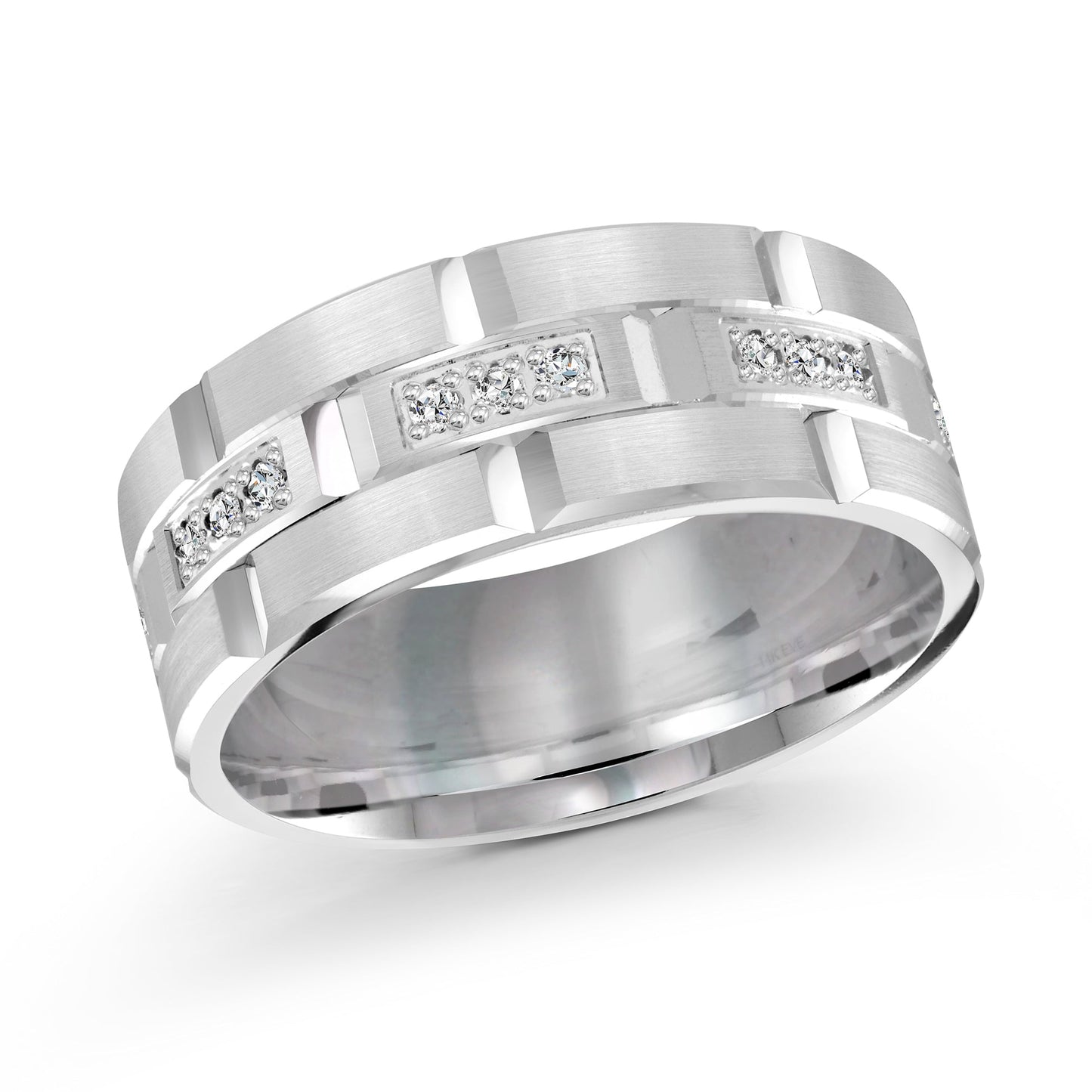 The Malo 14K White Gold Diamond 9mm Wedding Band showcases a geometric design with square settings and small, embedded clear stones. The polished and matte finishes blend modern elegance perfectly, highlighting the sophistication of round diamonds.
