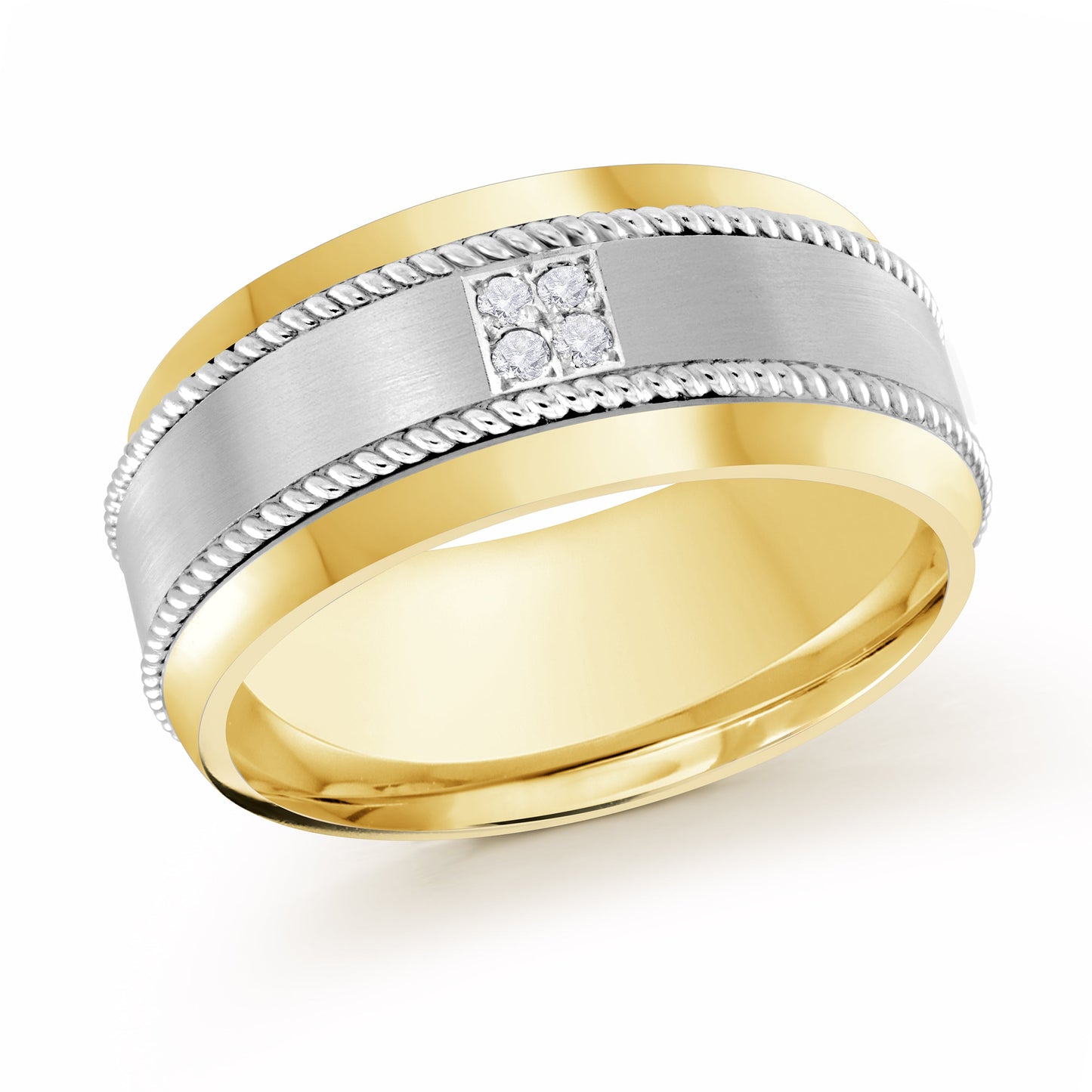 The Malo 14K Yellow and White Gold Diamond 10mm Wedding Band features a textured edge design with four small round diamonds at the center. Crafted by Malo in polished 14 Karat gold, this sophisticated piece elevates your sleek and elegant style.