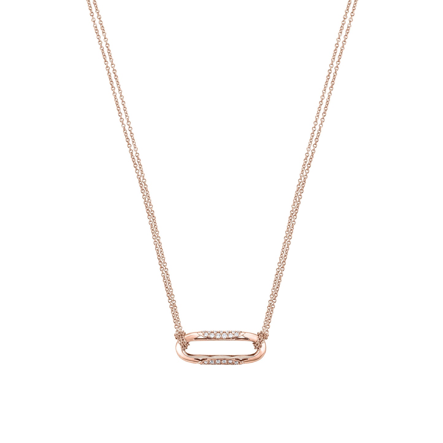 The Tacori Crescent Eclipse necklace in 18K rose gold features a delicate chain with a small horizontal oval pendant, adorned with round-brilliant diamonds. Its fine link design is enhanced with signature TACORI details, offering a minimalist and sophisticated look.