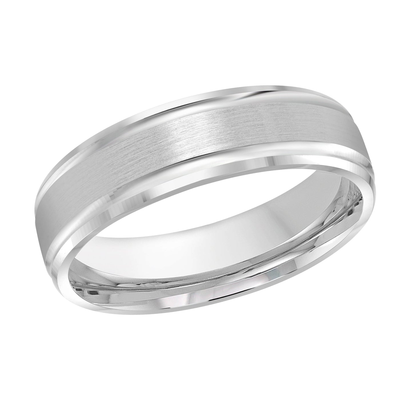 A detailed image of the Malo Platinum 6mm Wedding Band showcases its silver hue and matte finish on the outer surface. This Malo ring features a simple yet elegant design with smooth edges, subtly reflecting light.
