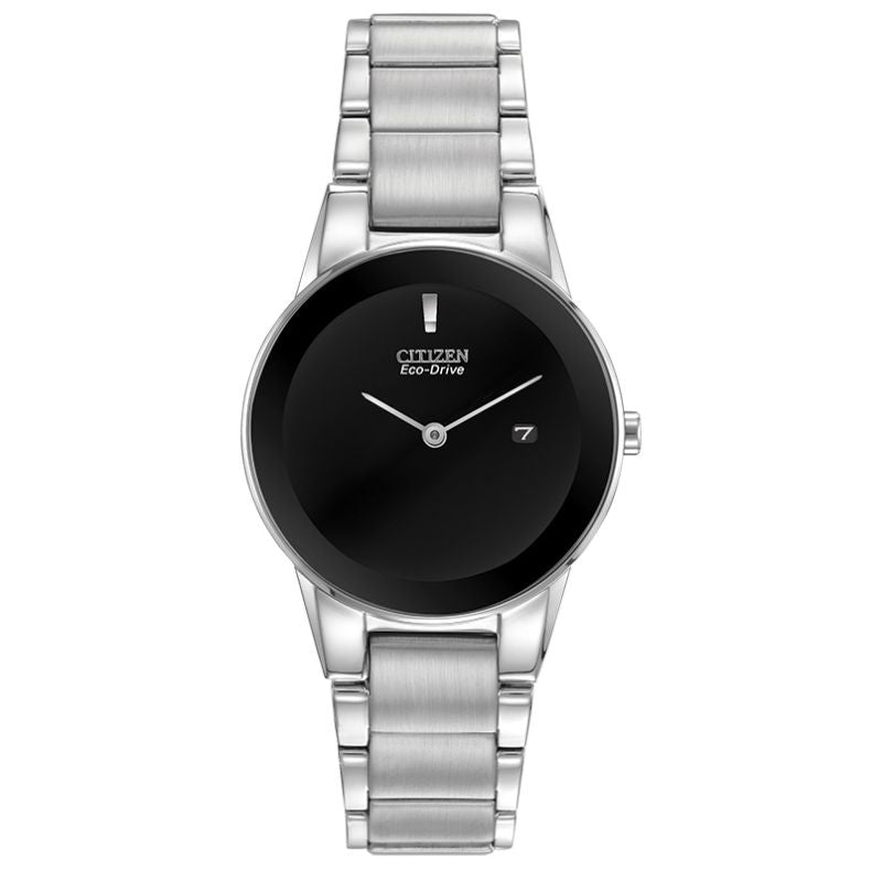 Introducing the elegant CITIZEN Axiom Eco-Drive 30mm Watch, featuring a stainless steel bracelet and a contemporary black dial. Its minimalist design boasts silver hour and minute hands, an hour marker at 12 o'clock, and a subtle date window at 3 o'clock. Enjoy sophistication with its edge-to-edge glass feature.