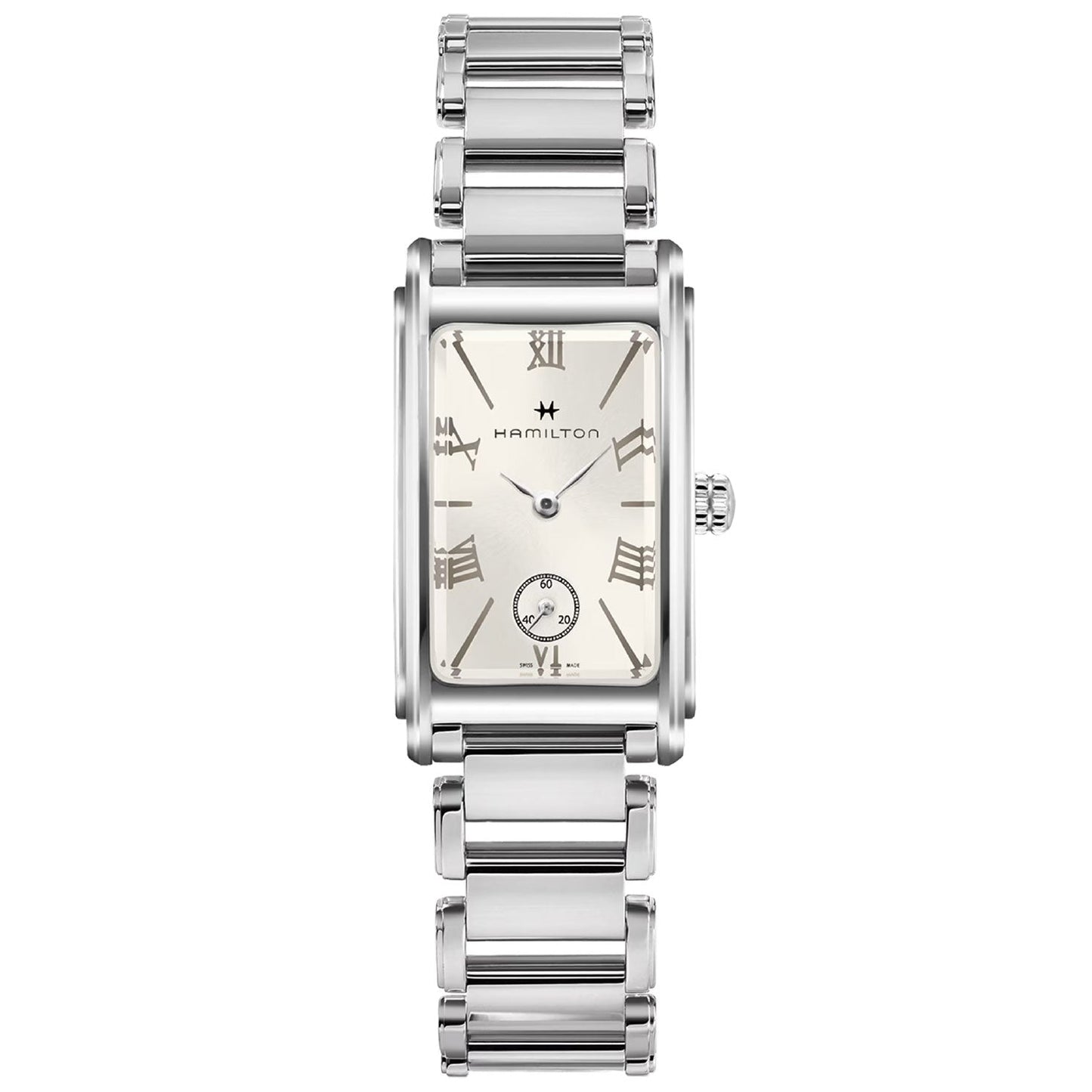 Introducing the Hamilton American Classic Ardmore Quartz 18.7mm X 27mm Watch from the Ardmore collection, featuring a silver wristwatch design. It boasts a rectangular face adorned with Roman numerals and a small sub-dial positioned at 6 o'clock, prominently displaying the iconic "Hamilton Watch" brand name on the dial. The metal bracelet showcases chic rectangular links, making it an ideal choice for a modern makeover.
