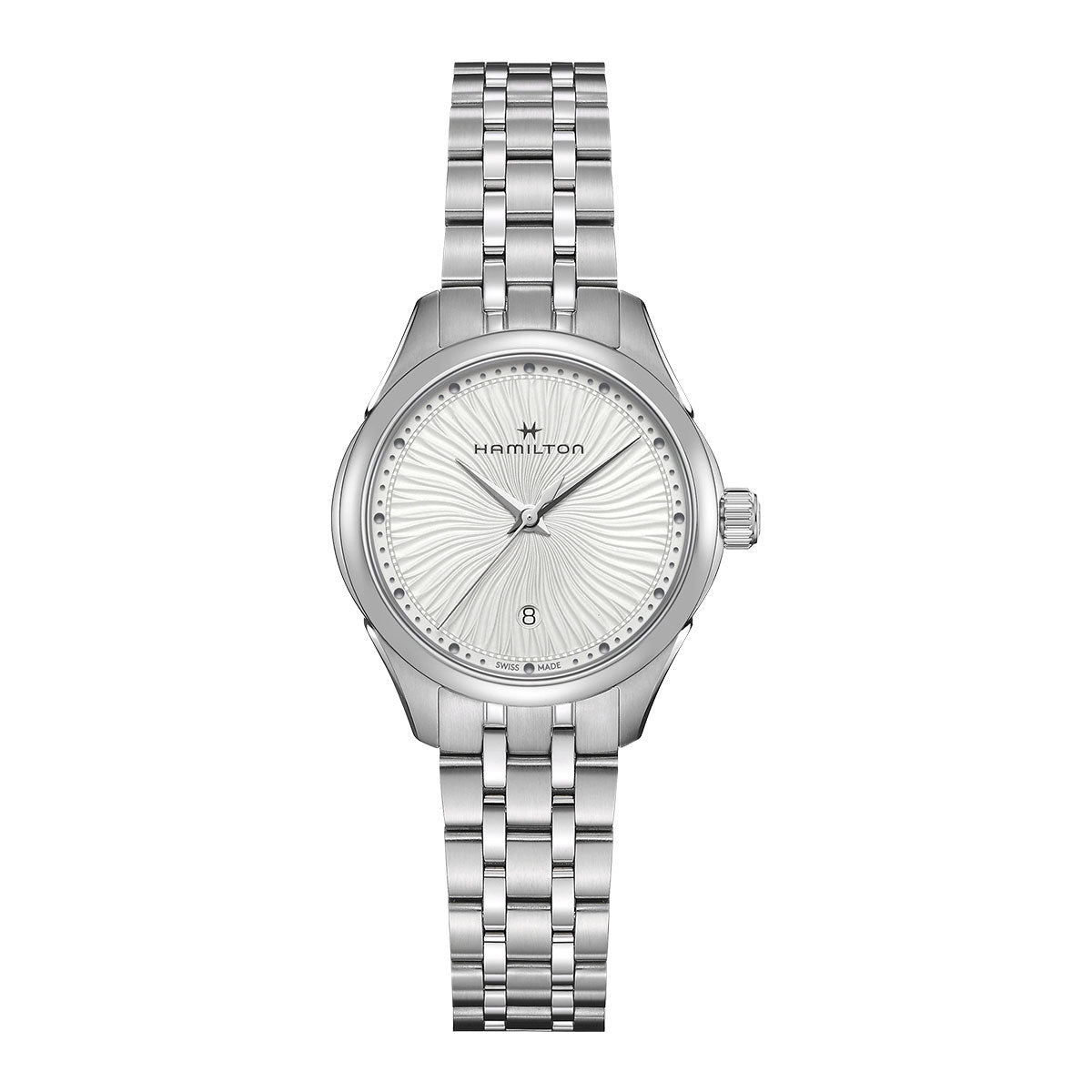 Introducing the Hamilton Jazzmaster Lady Quartz 30mm Watch—a stunning silver timepiece. Its polished metal band complements a round white dial adorned with subtle wave patterns. Featuring a date at 6 o’clock and thin silver hour markers, "Hamilton Watch" graces beneath the 12 o'clock position.