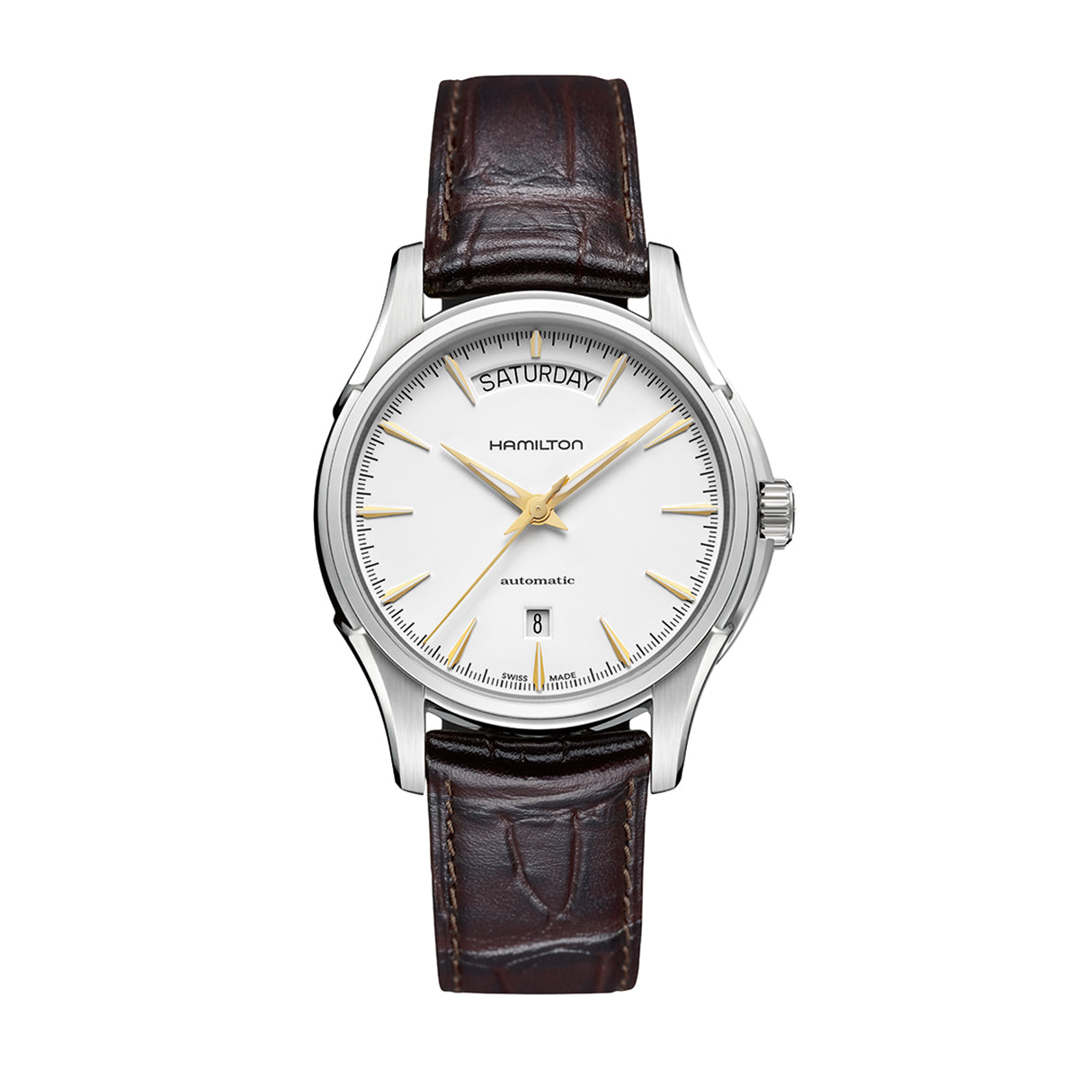 Introducing the Hamilton Jazzmaster Day Date Auto 40mm Watch by Hamilton Watch, a timeless wristwatch that exemplifies modern craftsmanship. It boasts a silver round case paired with a white dial, accented by gold-toned hands and indices. The design includes a date window at the 6 o'clock position and a day of the week display at 12 o'clock, accompanied by a refined brown leather strap.