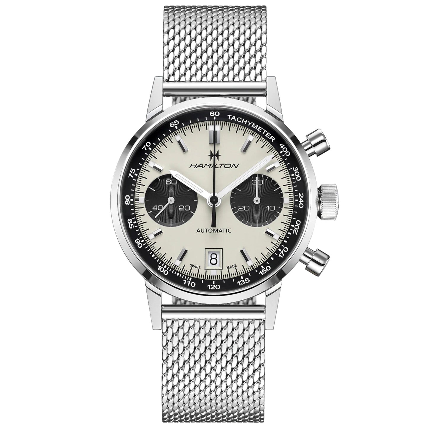 The Hamilton American Classic Intra-Matic Auto Chrono 40mm Watch, from the renowned Hamilton Watch brand, features a classic round design with a silver mesh strap. It showcases a panda dial and an automatic chronograph movement. This timepiece is equipped with three subdials, a date display at the 6 o'clock position, and tachymeter markings on the bezel. The brand name "Hamilton" is prominently displayed on the dial.