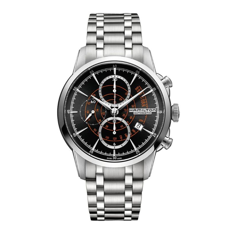 The Hamilton American Classic RailRoad Auto Chrono 44mm Watch from Hamilton Watch is a silver stainless steel timepiece featuring a black face with orange accents. It includes an automatic chronograph powered by the H-21 movement, multiple dials for various timekeeping functions, and a date window at the four o'clock position.
