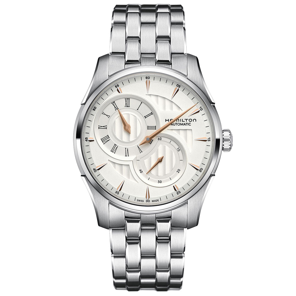 The Hamilton Jazzmaster Regulator Auto 42mm Watch showcases an asymmetric design highlighted by its silver stainless steel band. It features a white dial adorned with three subdials, complemented by rose gold-tone hands and Roman numerals. The Hamilton Watch brand name is prominently displayed on the face, enhancing its elegant allure.