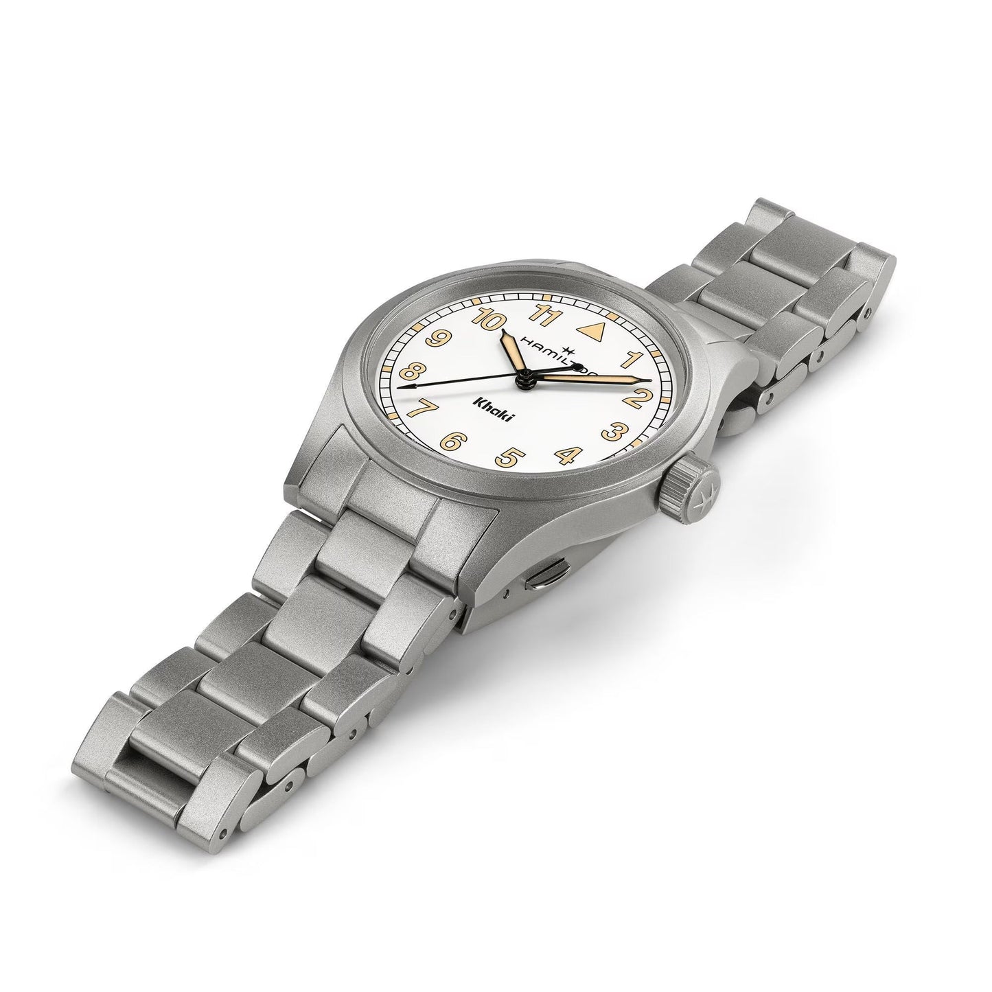 The Hamilton Khaki Field Quartz 38mm Watch by Hamilton Watch features a stainless steel case, metal link band, white dial with black hands, gold Arabic numerals, date window at 6 o'clock, and brand name on the dial.