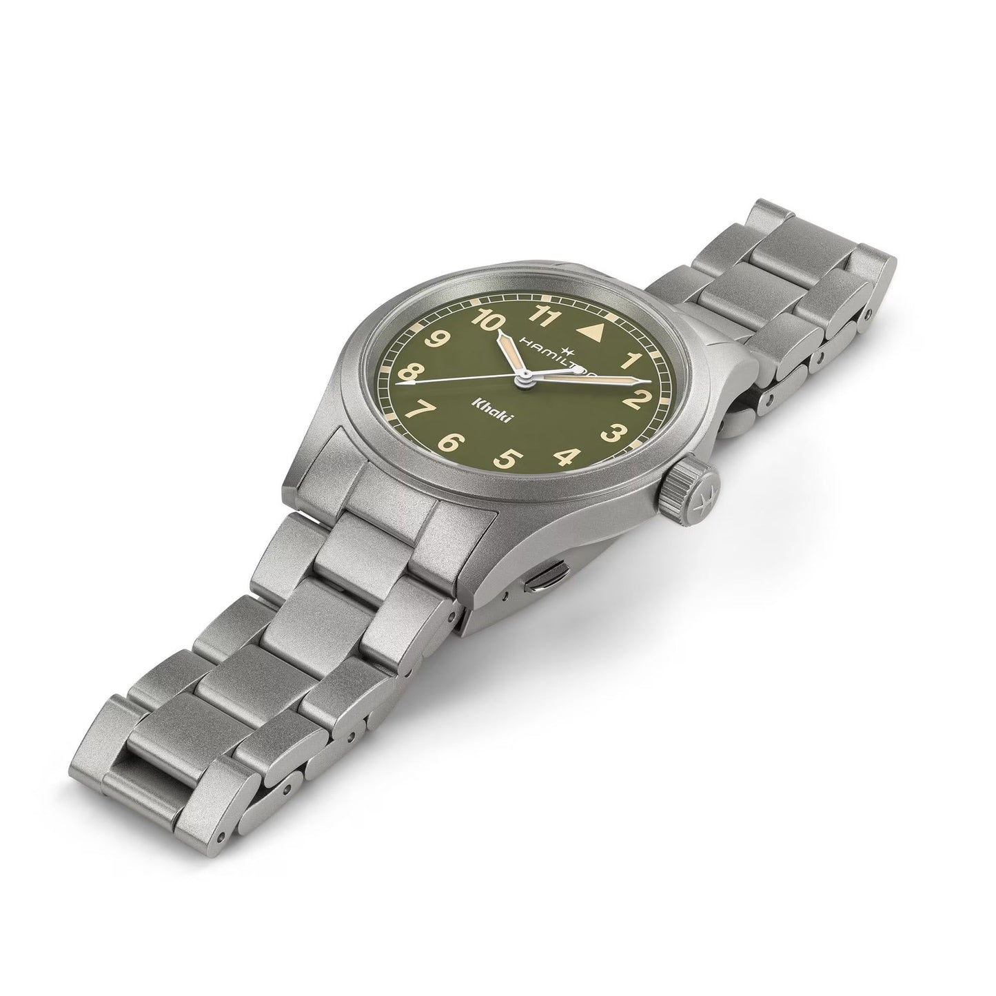 The Hamilton Khaki Field Quartz 38mm Watch by Hamilton Watch features a stainless steel case, matte metal bracelet, olive green dial, and white numeric markers—crafted for precision and adventure, shown angled on a white background.