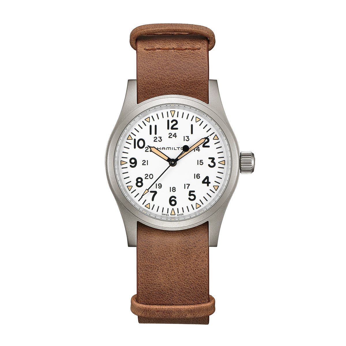 The Hamilton Khaki Field Mechanical 38mm Watch by Hamilton features a silver case, a white dial with black Arabic numerals from 1 to 12 and smaller hour markings for 13 to 24. It comes with a brown leather strap and has black hour and minute hands, along with a gold second hand. The brand logo is prominently displayed at the top.