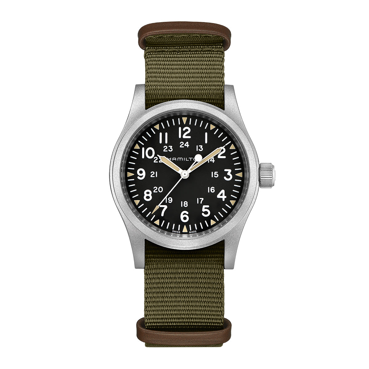 The Hamilton Khaki Field Mechanical 38mm Watch by Hamilton Watch features a stylish silver casing paired with a dark green cloth strap. Its black dial displays white Arabic numerals for the hours and smaller numerals for 24-hour time, complemented by a date window positioned at 3 o'clock. It is powered by the dependable H-50 caliber.