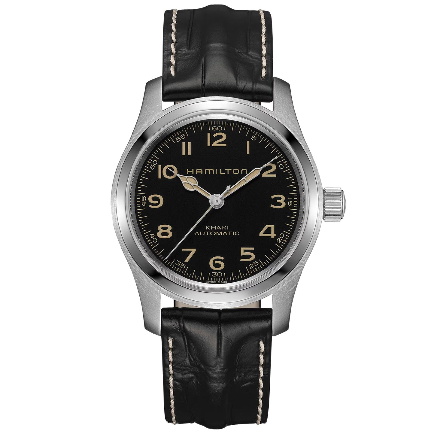 The Hamilton Khaki Field Murph Auto 42mm Watch by Hamilton Watch showcases a silver case with a black dial adorned with Arabic numerals and silver hands. Reminiscent of the iconic Interstellar film, this exquisite timepiece features a black leather strap complemented by white stitching, making it an ideal choice for both movie memorabilia enthusiasts and watch collectors.