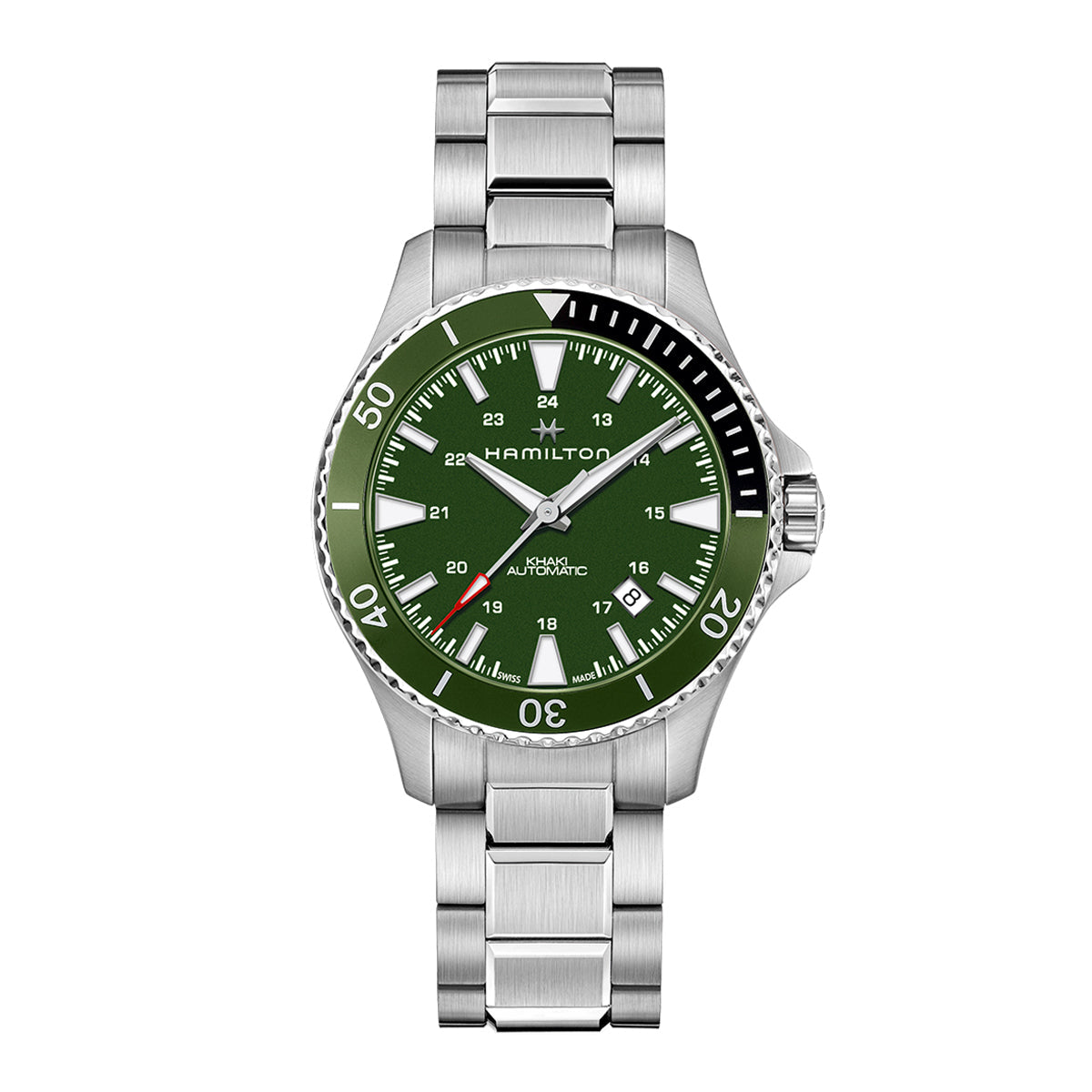 The Hamilton Khaki Navy Scuba Auto 40mm Watch by Hamilton Watch features a silver stainless steel design with a green dial and white hour markers. It has an 80-hour power reserve and Swiss-made movement, along with a date window positioned at 4 o'clock and "Hamilton" inscribed below the 12 o'clock marker. The bezel is elegantly accented with white numerals and markings.