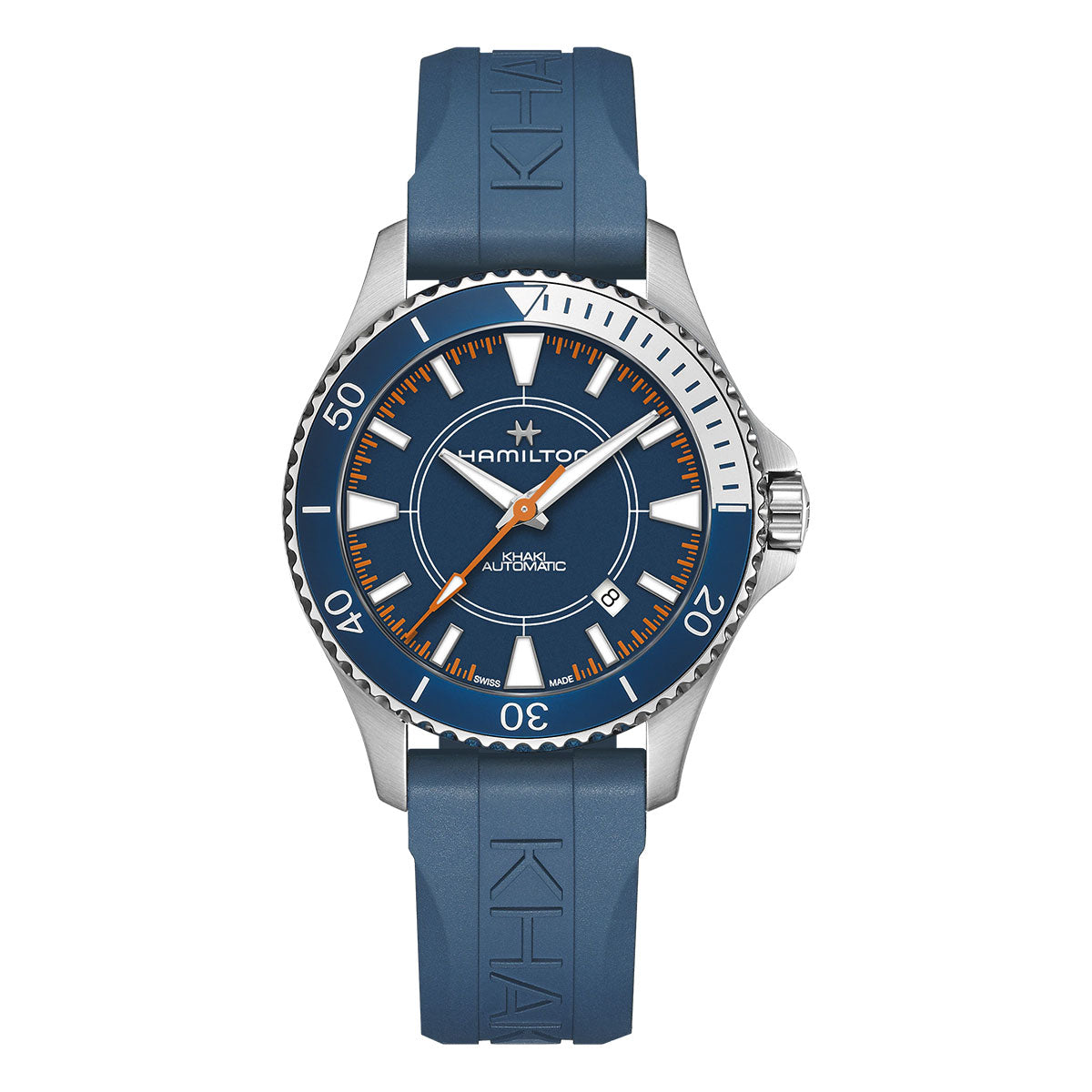 The Hamilton Khaki Navy Syroco Special Edition Auto 40mm Watch by Hamilton Watch features a sleek blue rubber strap and a silver-tone stainless steel case. Its elegant design is complemented by a blue dial adorned with vibrant orange and white hour markers, silver-tone hands with white accents, and a convenient date window at the 3 o'clock position. Drawing inspiration from the Khaki Navy Scuba Auto series, the watch incorporates an elegantly designed blue bezel with a silver edge.