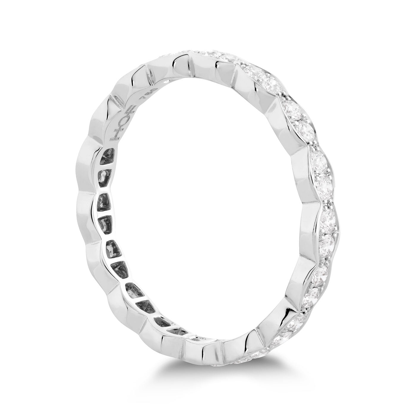 Introducing the Hearts On Fire Lorelei Floral 18K White Gold Round Brilliant Diamond Eternity Ring: a stunning eternity band crafted from white gold, showcasing a unique twisted design. This exquisite ring features small round brilliant diamonds set around its circumference and offers a polished finish for an elegant and reflective appearance.