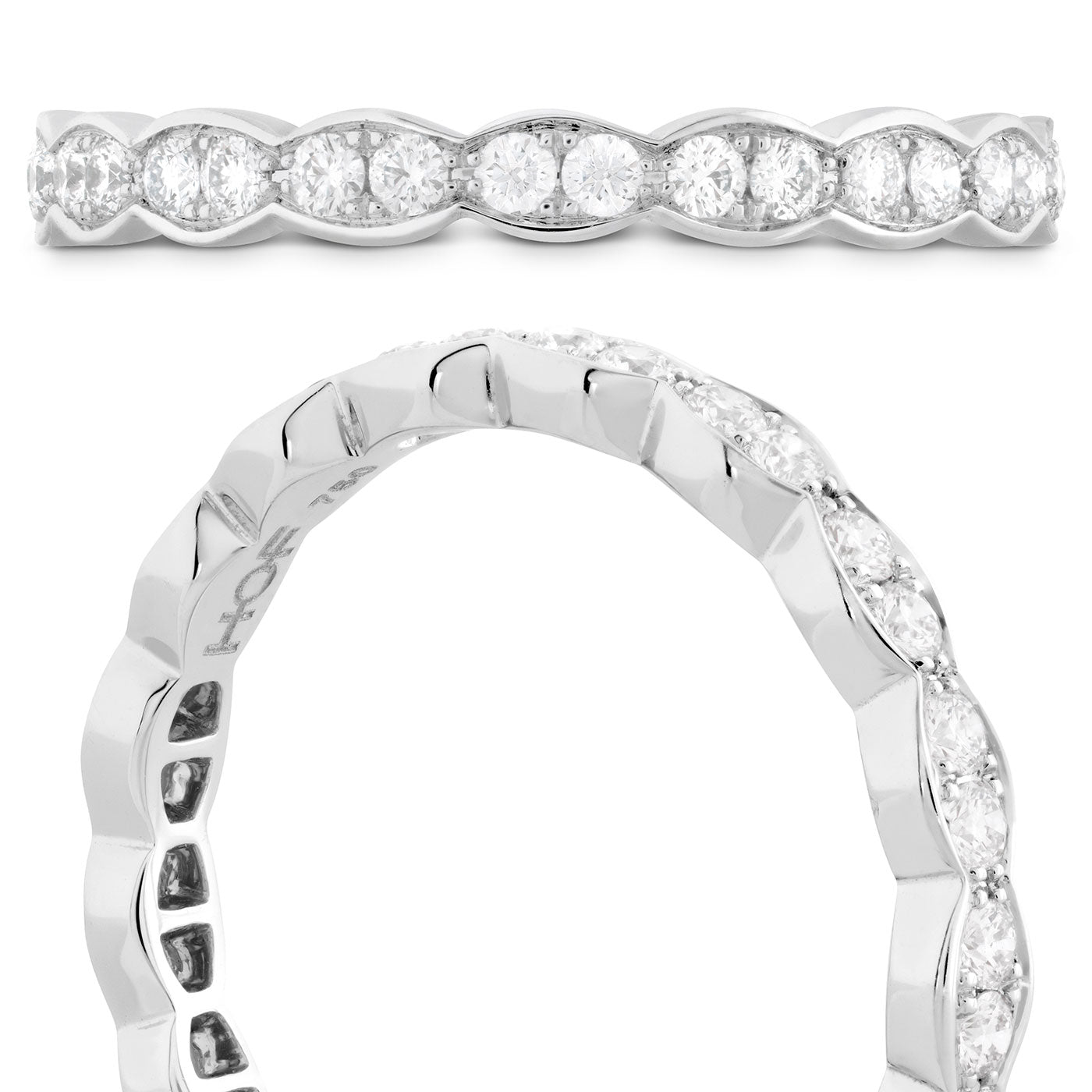 A close-up of the Hearts On Fire Lorelei Floral 18K White Gold Round Brilliant Diamond Eternity Ring, showcasing its continuous band of round diamonds and distinctive scalloped design that evokes a delicate floral pattern, viewed from top-down and angled perspectives.