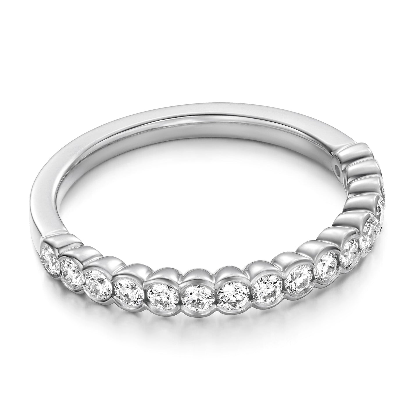 The Hearts On Fire Isabelle 18K White Gold Bezel Round Brilliant Diamond Anniversary Ring showcases a row of small round diamonds set in an intricate, curved design along the top half. The smooth and polished band adds an elegant touch, making it a refined choice for an anniversary or wedding band.